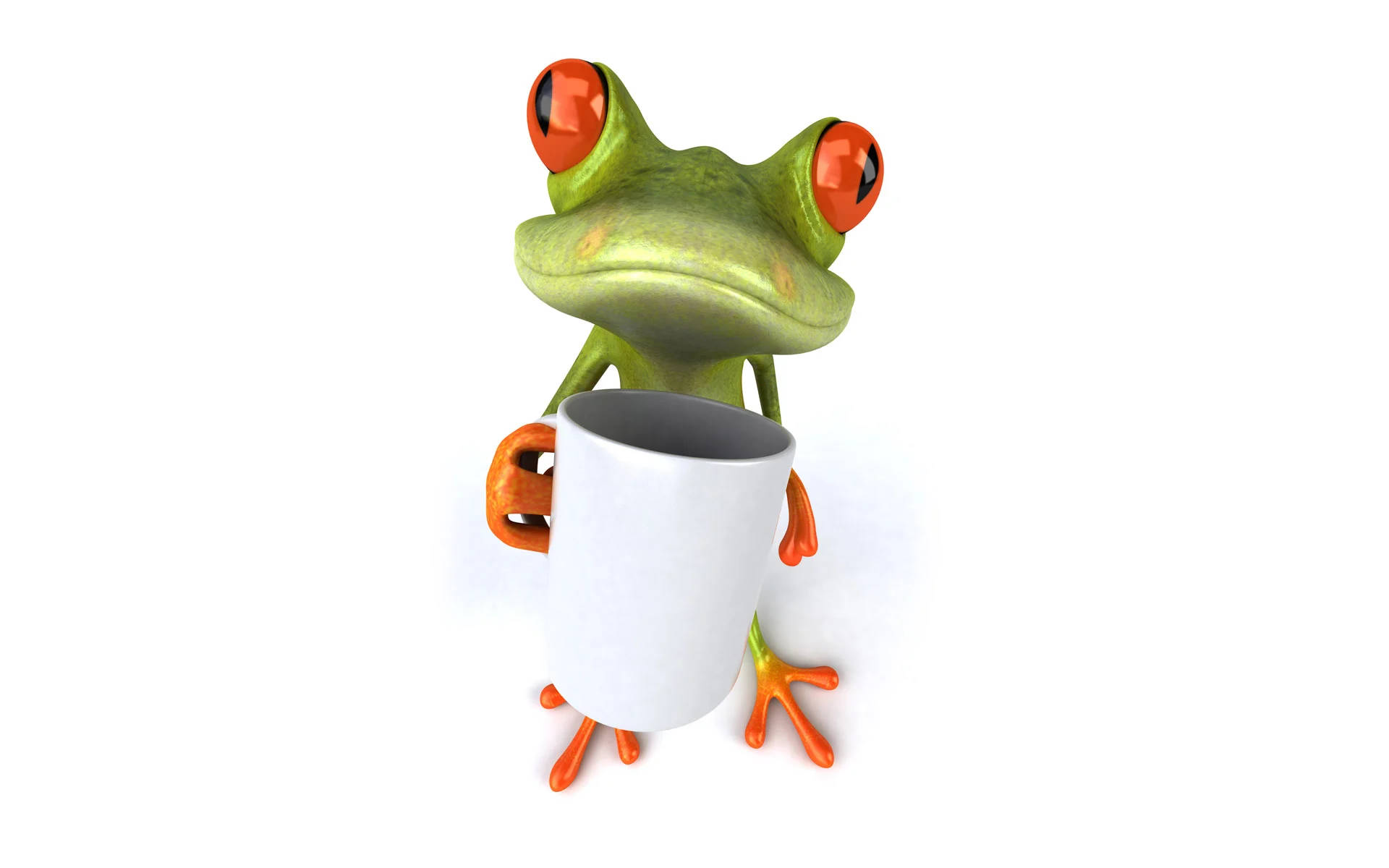 Kawaii Frog 桌布 壁紙 — 一隻卡通青蛙，有著明亮的橙色眼睛和四肢，在純白色背景上拿著一個白色馬克杯。