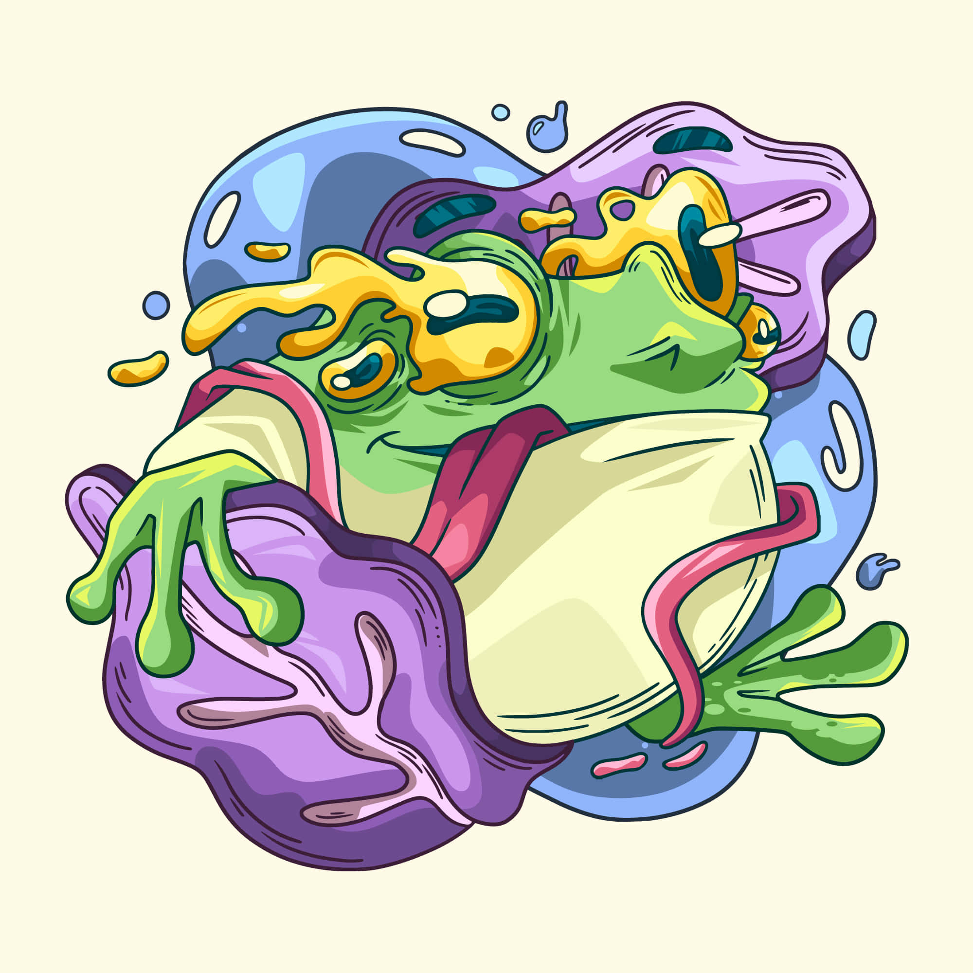 Psychedelic Animals 桌布 壁紙 — 一隻卡通青蛙，有著融化的黃色眼睛和滴落的四肢，被色彩繽紛的黏糊糊的團塊包圍，背景是淡色。