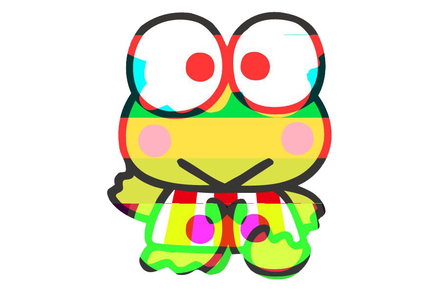 Cute Frog 桌布 壁紙 — 一隻卡通青蛙，有著超大的眼睛和彩虹條紋，站在純白色背景前。