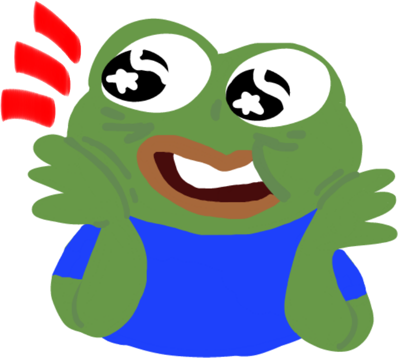 Pepe 桌布 壁紙 — 一隻卡通青蛙，眼睛大大，咧嘴大笑，穿著藍色襯衫，背後有紅色速度線。
