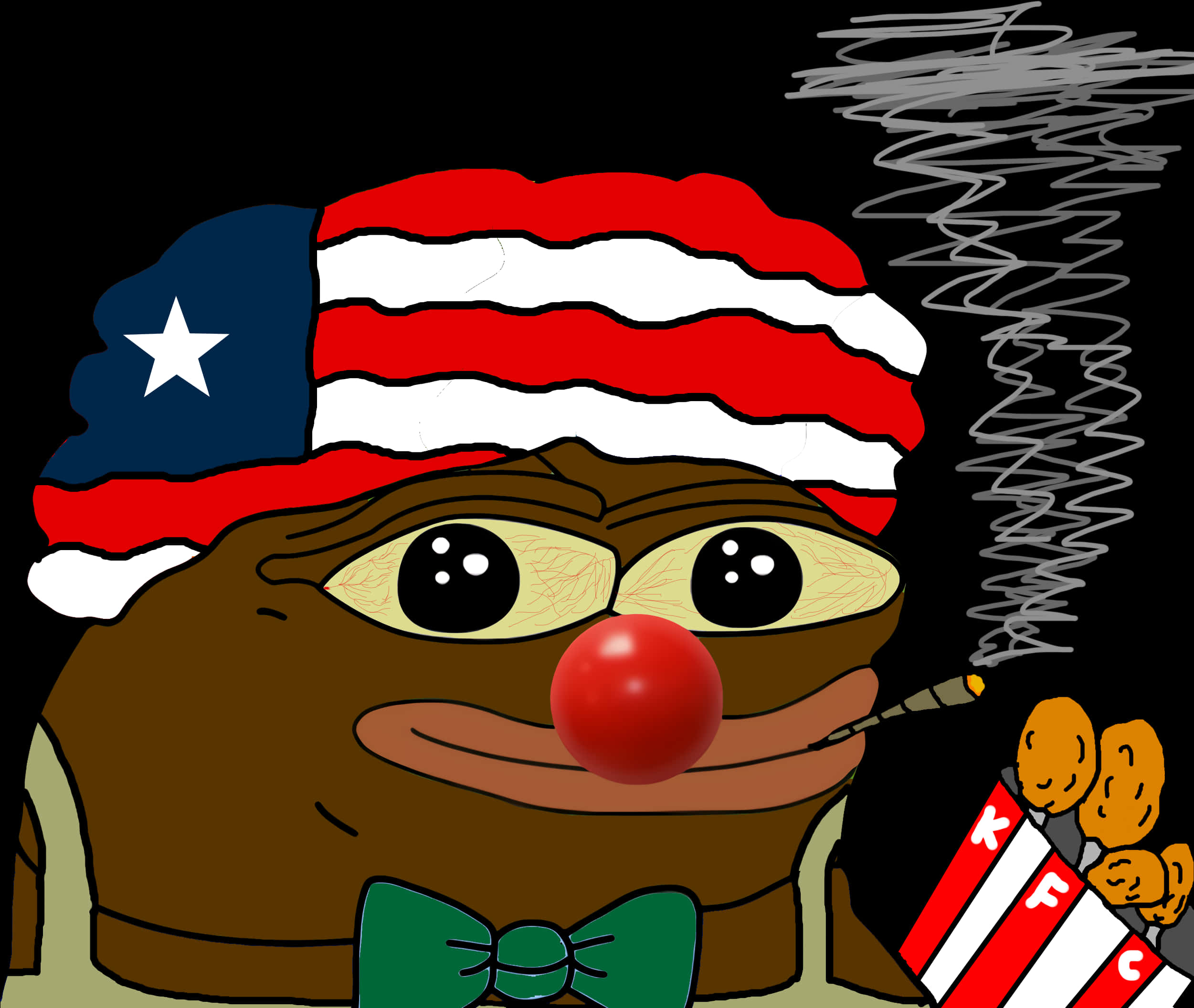 Clown Nose 桌布 壁紙 — 一隻卡通青蛙，紅鼻子，綠色蝴蝶結，戴著旗帽，拿著KFC桶，抽著煙。
