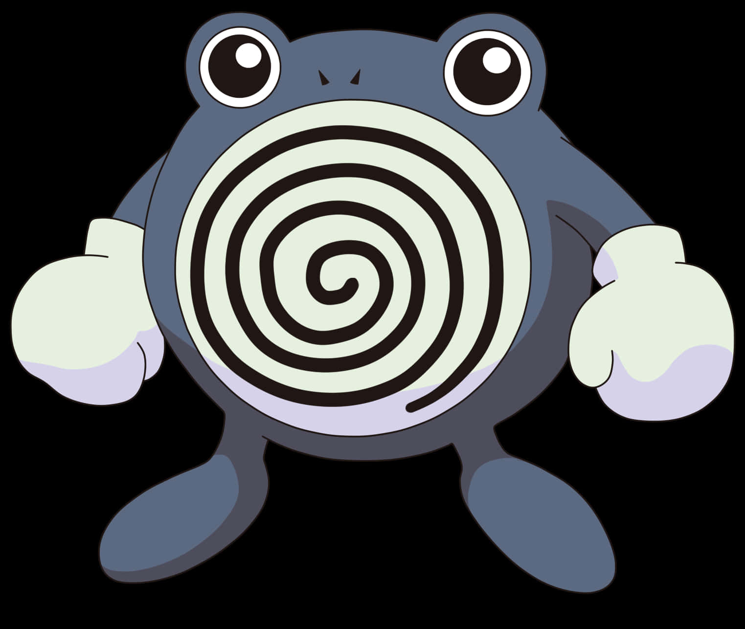 Pokemon Landscape 桌布 壁紙 — 一隻卡通青蛙，肚子上有螺旋圖案，站在黑色背景前，眼睛大大，拳頭緊握。