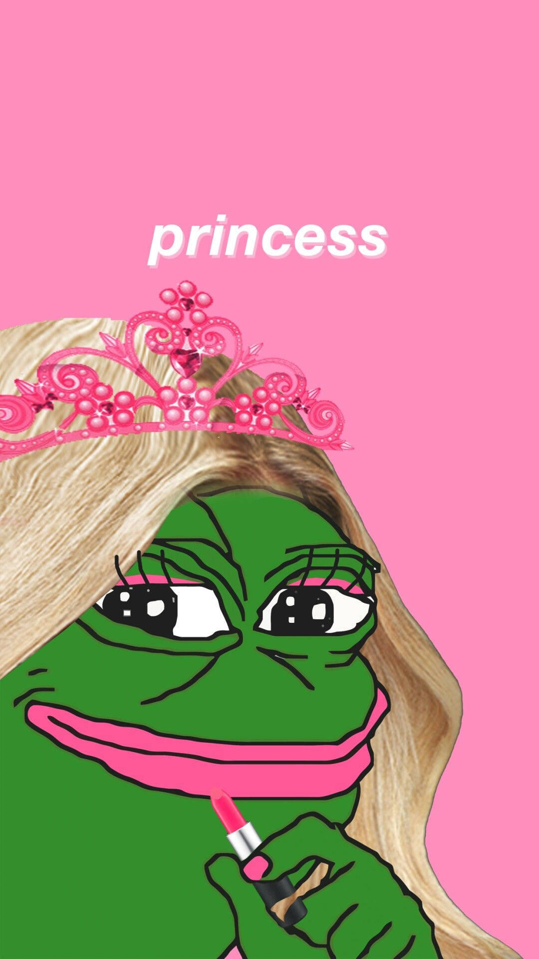 Pepe 桌布 壁紙 — 一隻卡通青蛙，金髮，戴粉紅色頭飾，在純粉紅色背景上塗口紅，上面有公主字樣。