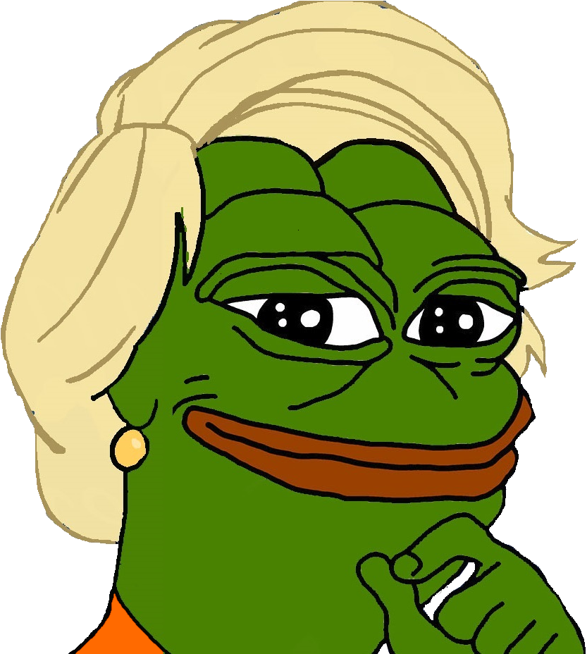 pepe frog 桌布 壁紙 — 一隻卡通青蛙，金髮，露出得意的笑容，戴著耳環，穿著橙色上衣，背景為黑色。