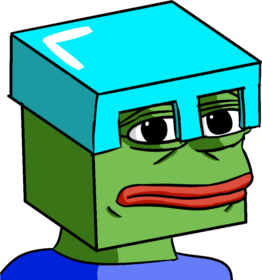 Pepe 桌布 壁紙 — 一隻卡通青蛙，頭部是藍色立方體，表情疲憊，在黑色背景前茫然凝視。