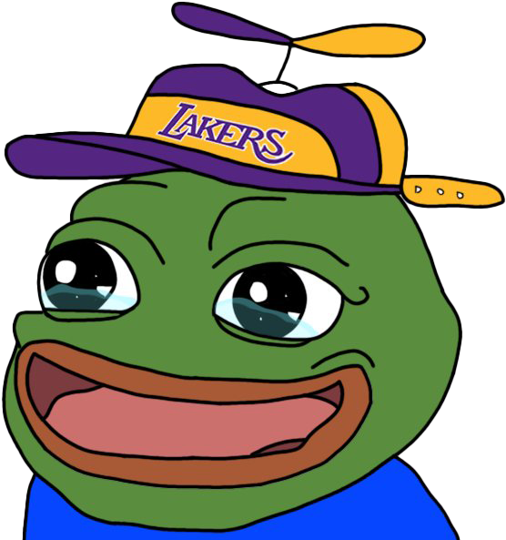 Pepe 桌布 壁紙 — 一隻卡通青蛙咧嘴大笑，戴著紫色和金色的湖人隊帽子，頂部有一個小螺旋槳。