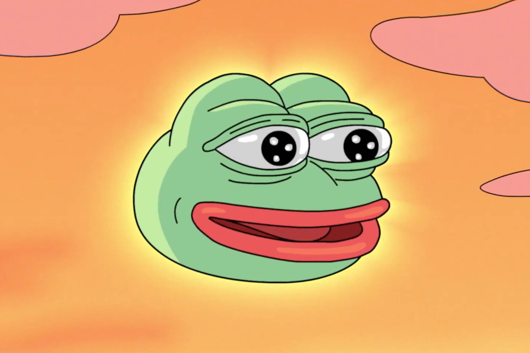 Pepe 桌布 壁紙 — 一隻卡通青蛙咧嘴大笑，漂浮在溫暖的橙色天空，伴隨著柔軟的粉紅雲朵。