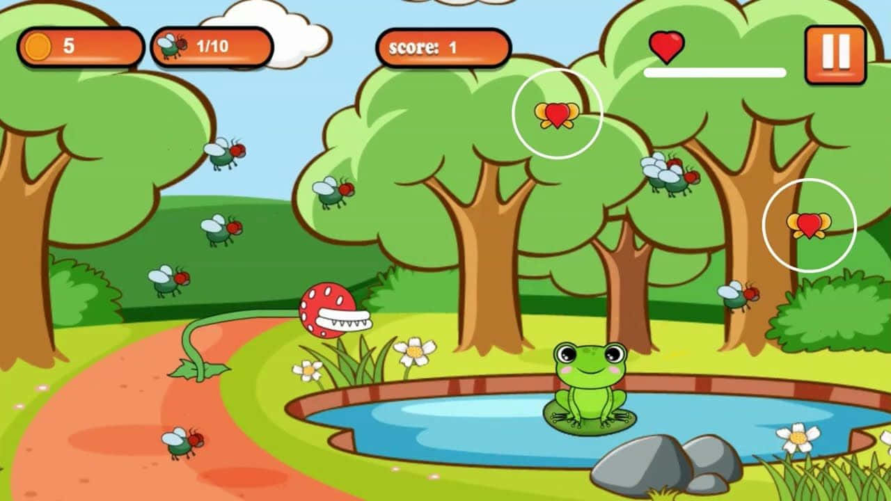 Game Development 桌布 壁紙 — 一隻卡通青蛙坐在池塘中的睡蓮葉上，周圍有樹木和飛蟲，構成色彩繽紛的遊戲場景。