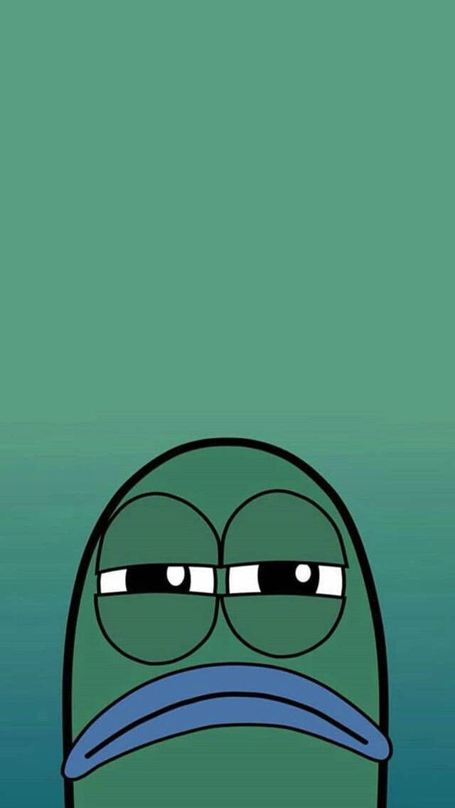 Funny Spongebob 桌布 壁紙 — 一隻卡通青蛙帶著無聊的表情向上凝視，背景是漸層的藍綠色。