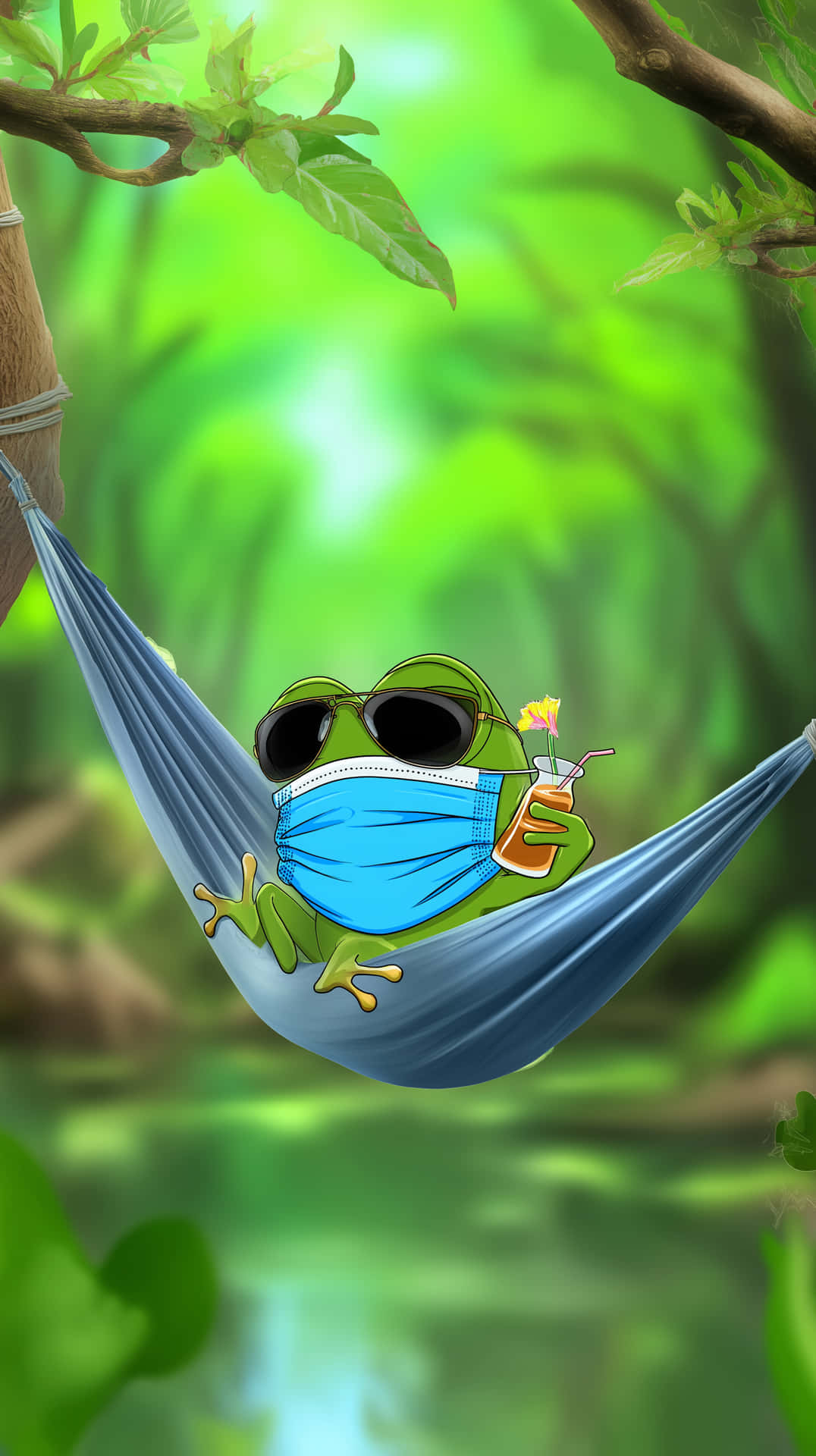 Cool Cartoon Frog Lounging with Drink and Face Mask 壁紙 — 一隻卡通青蛙戴著太陽眼鏡和口罩，在藍色吊床上休息，手持附有吸管和花朵的飲料。