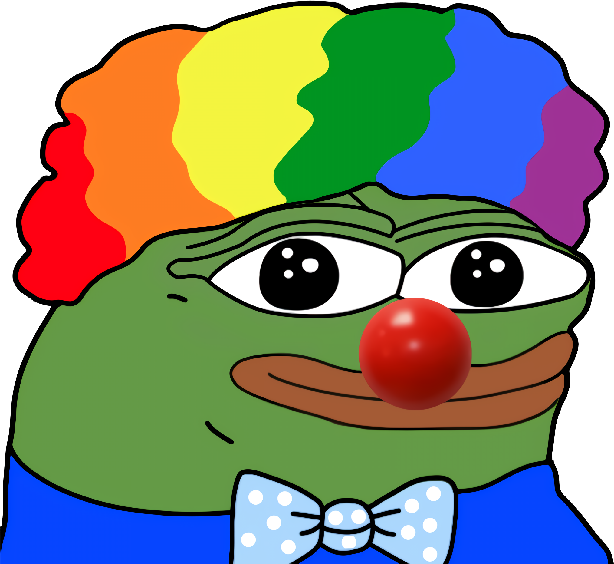 pepe frog 桌布 壁紙 — 一隻卡通青蛙戴著彩虹假髮、紅鼻子和藍色圓點蝴蝶結，瞪大眼睛凝視。