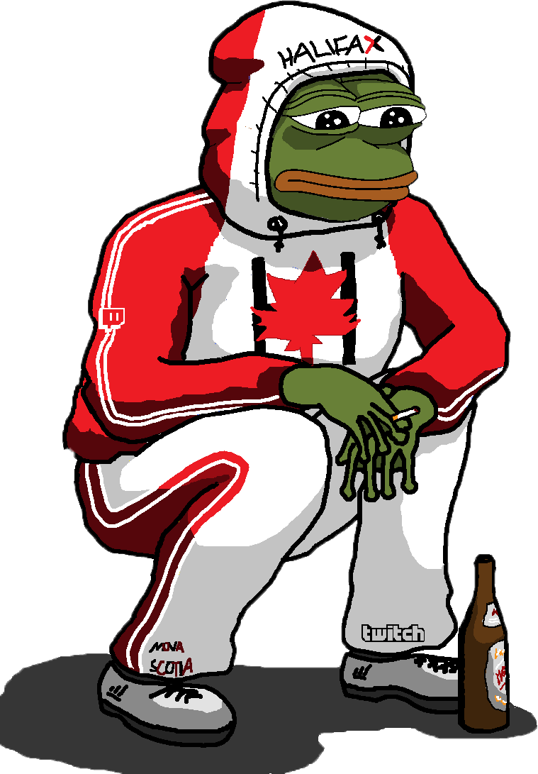 pepe frog 桌布 壁紙 — 一隻卡通青蛙穿著加拿大國旗連帽衫和運動褲，癱坐著，旁邊放著一個啤酒瓶。