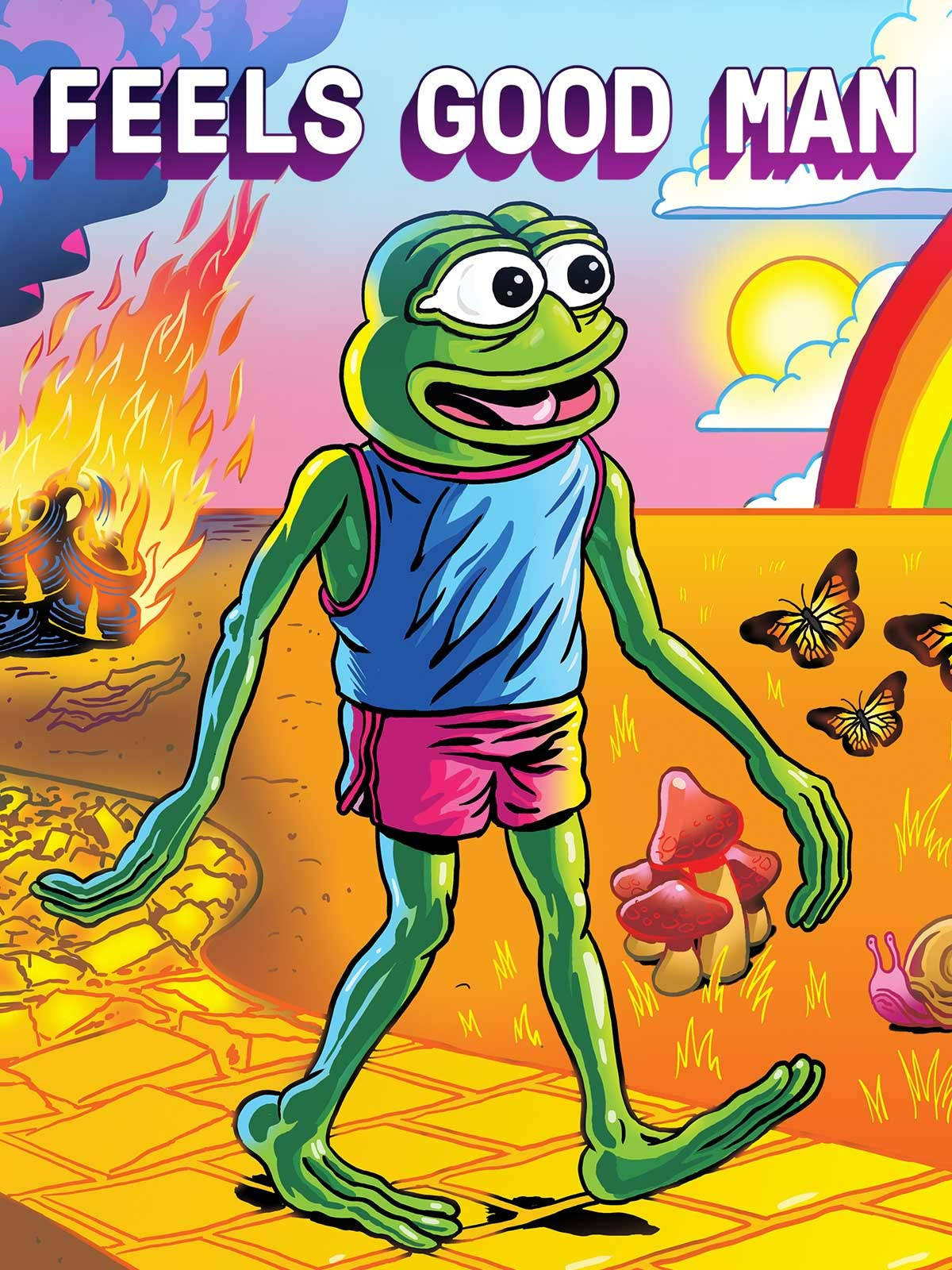 Pepe 桌布 壁紙 — 一隻卡通青蛙穿著藍色背心和粉紅色短褲，在瓷磚小徑上快樂地行走，小徑上有蝴蝶、蘑菇和彩虹，天空色彩繽紛。
