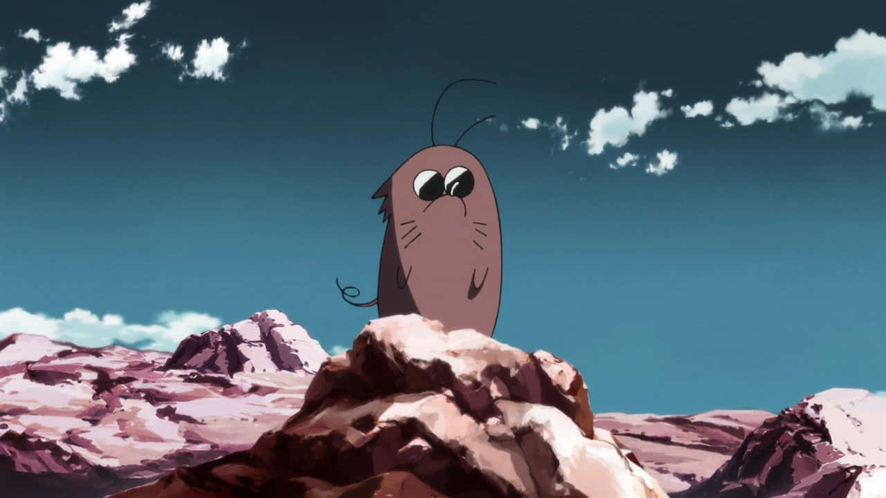 Gurren Lagann Boota 桌布 壁紙 — 一隻卡通風格、大眼睛的棕色生物棲息在岩石山頂上，背景是藍天和 fluffy 雲朵。