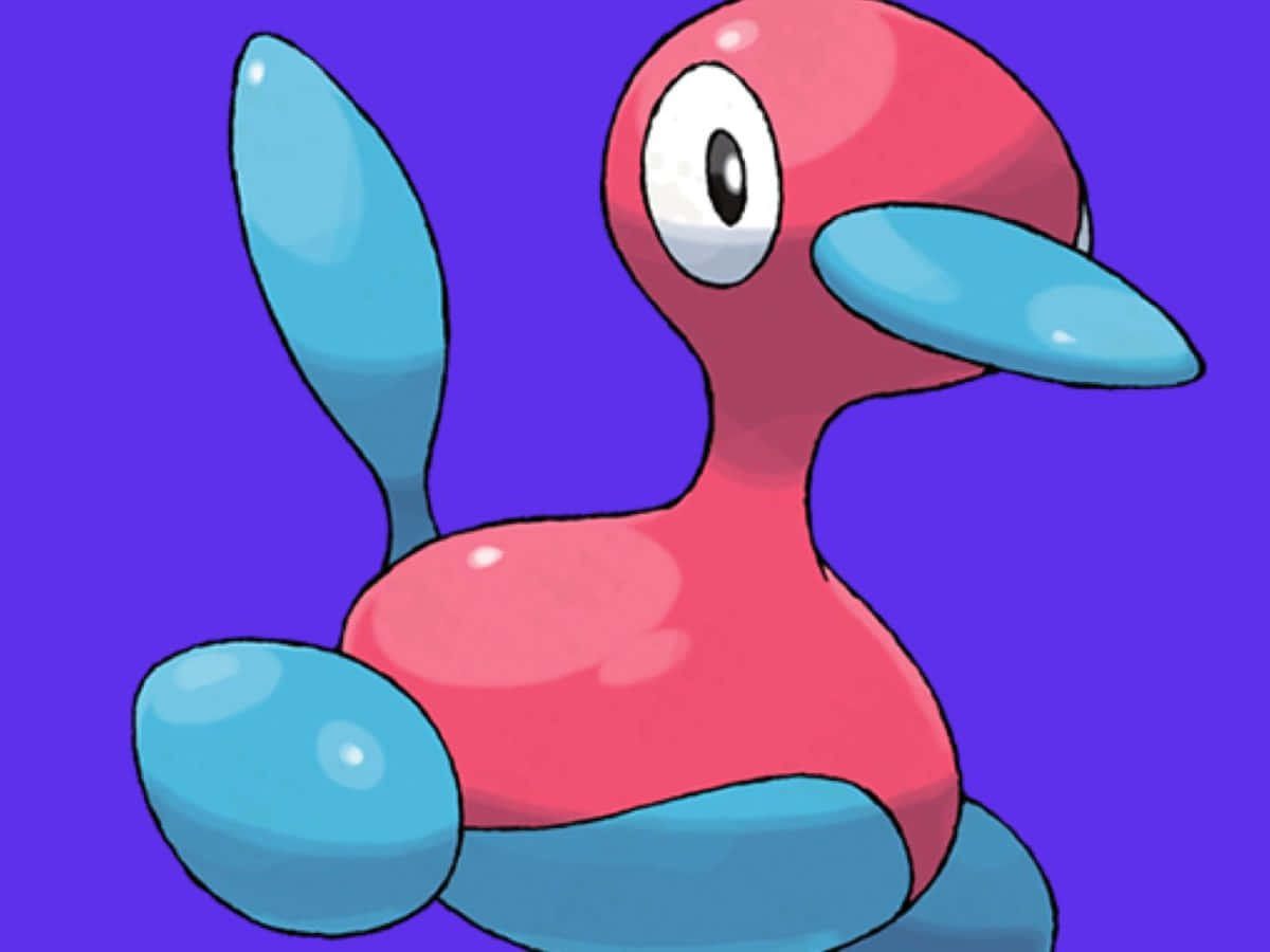 Porygon2 桌布 壁紙 — 一隻卡通風格、粉紅色和藍色、大眼睛的寶可夢坐在純紫色背景前。