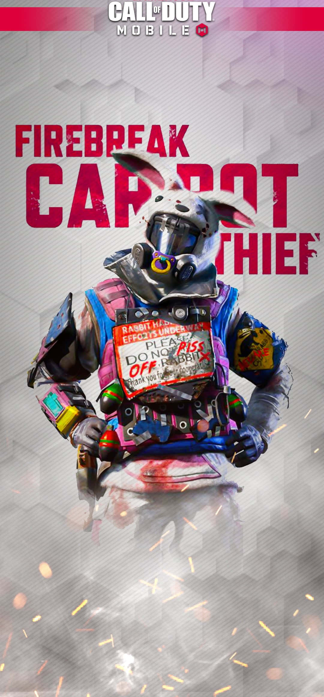Cod Mobile Character Skins 桌布 壁紙 — 一隻卡通風格、身穿盔甲的兔子盜賊戴著防毒面具，在六邊形背景前火花四濺中舉著一個標牌。