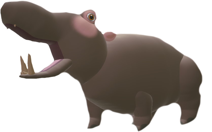 hippo 桌布 壁紙 — 一隻卡通風格3D渲染的河馬，嘴巴張開露出牙齒，背景為黑色。