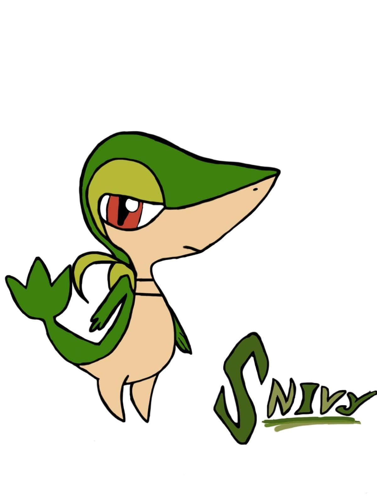 寶可夢 桌布 壁紙 — 一隻卡通風格的 Snivy，有綠色葉狀頭和尾巴，站在純白色背景前。
