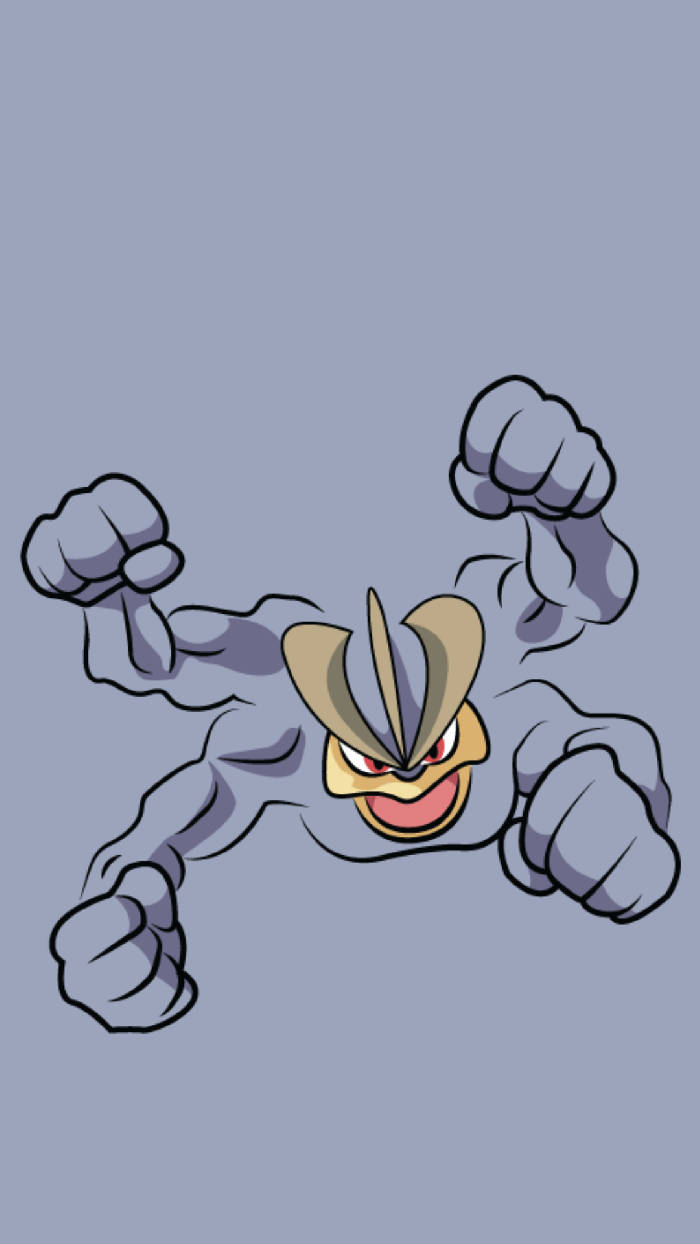 Machamp 桌布 壁紙 — 一隻卡通風格的Pokémon，有四隻拳頭和一個兇猛的笑容，在純灰色背景前向前衝。