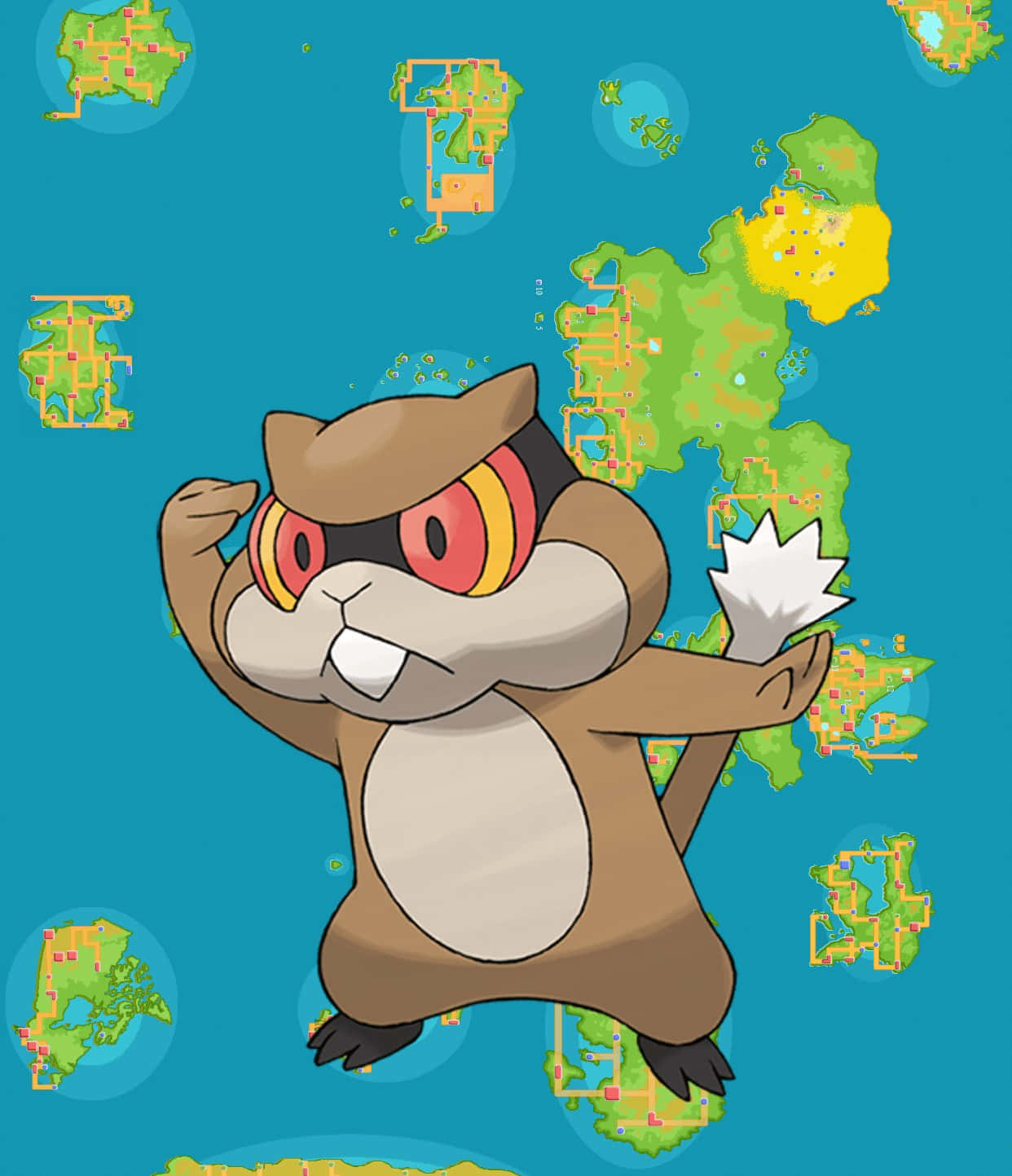 Pokemon Aesthetic 桌布 壁紙 — 一隻卡通風格的寶可夢，有紅色眼睛和白色尖端的尾巴，在藍色背景前擺姿勢，背景有漂浮的地圖碎片。