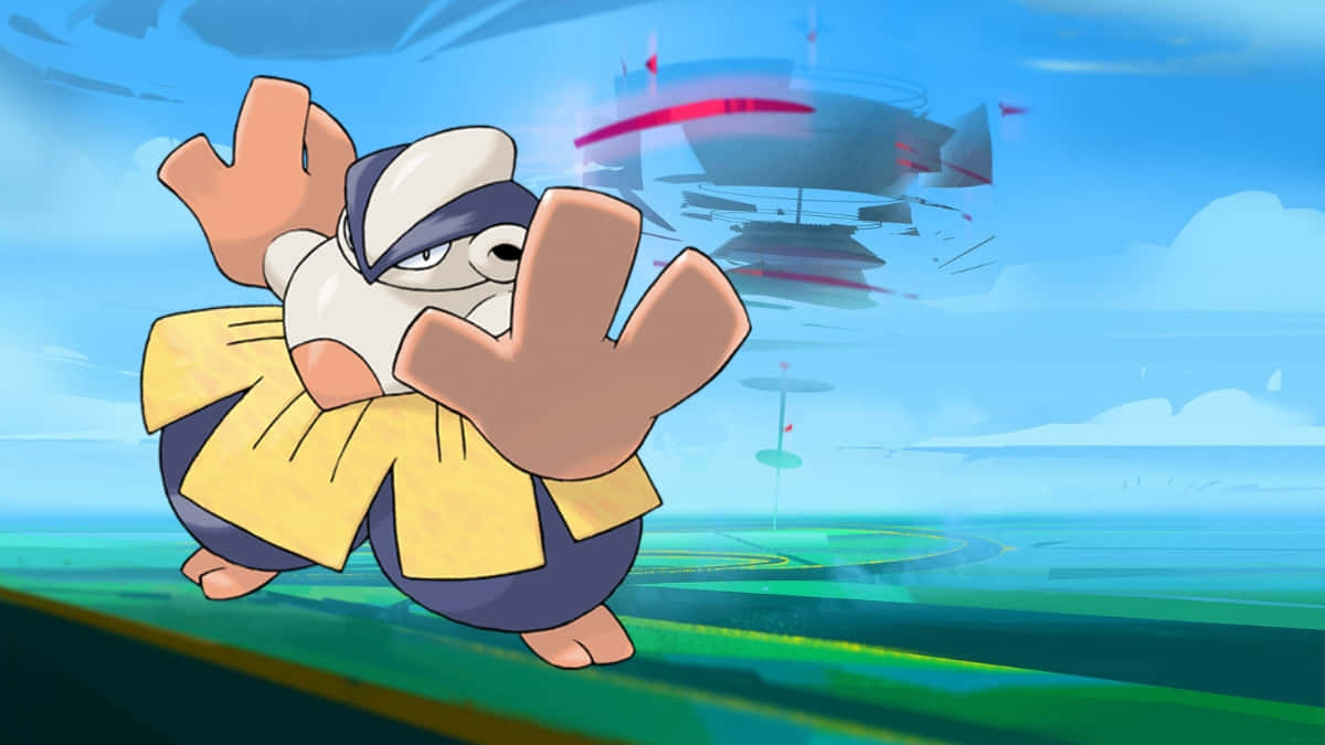 Pokemon Aesthetic 桌布 壁紙 — 一隻卡通風格的寶可夢穿著黃色長袍，帶著堅定的表情向前跑，一架紅色飛船在明亮的藍天中飛過頭頂。