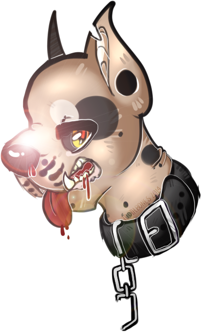 Drooling 桌布 壁紙 — 一隻卡通風格的惡魔狗，有角、血淋淋的尖牙和鏈條項圈，在黑色背景前威脅地瞪著。