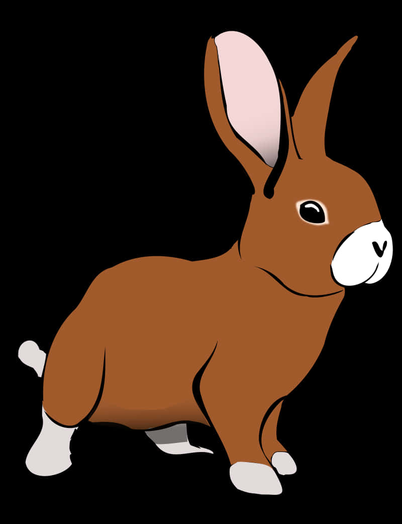 Clip Art 桌布 壁紙 — 一隻卡通風格的棕色兔子，白色爪子和內耳，警覺地站在純黑色背景前。