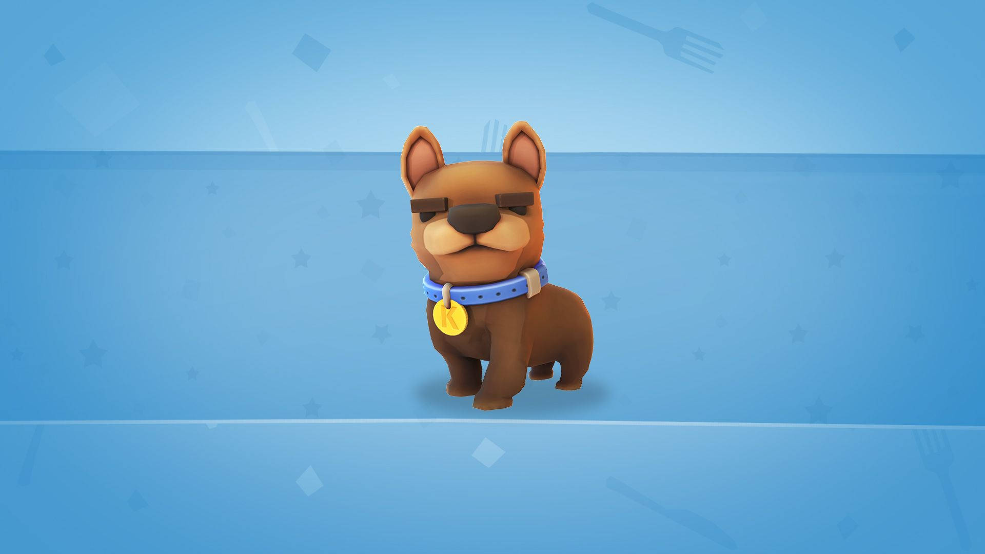 Overcooked 桌布 壁紙 — 一隻卡通風格的棕色狗，戴著太陽眼鏡和藍色項圈，自信地站在帶有微弱星星和叉子圖案的漸變藍色背景前。