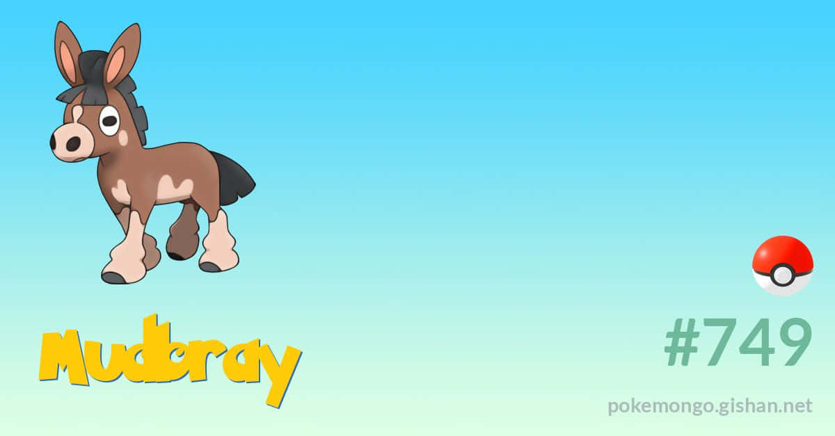 Mudbray 桌布 壁紙 — 一隻卡通風格的棕色馬，有黑色鬃毛和尾巴，站在漸變藍色天空背景前，帶有其名字和精靈球圖標。