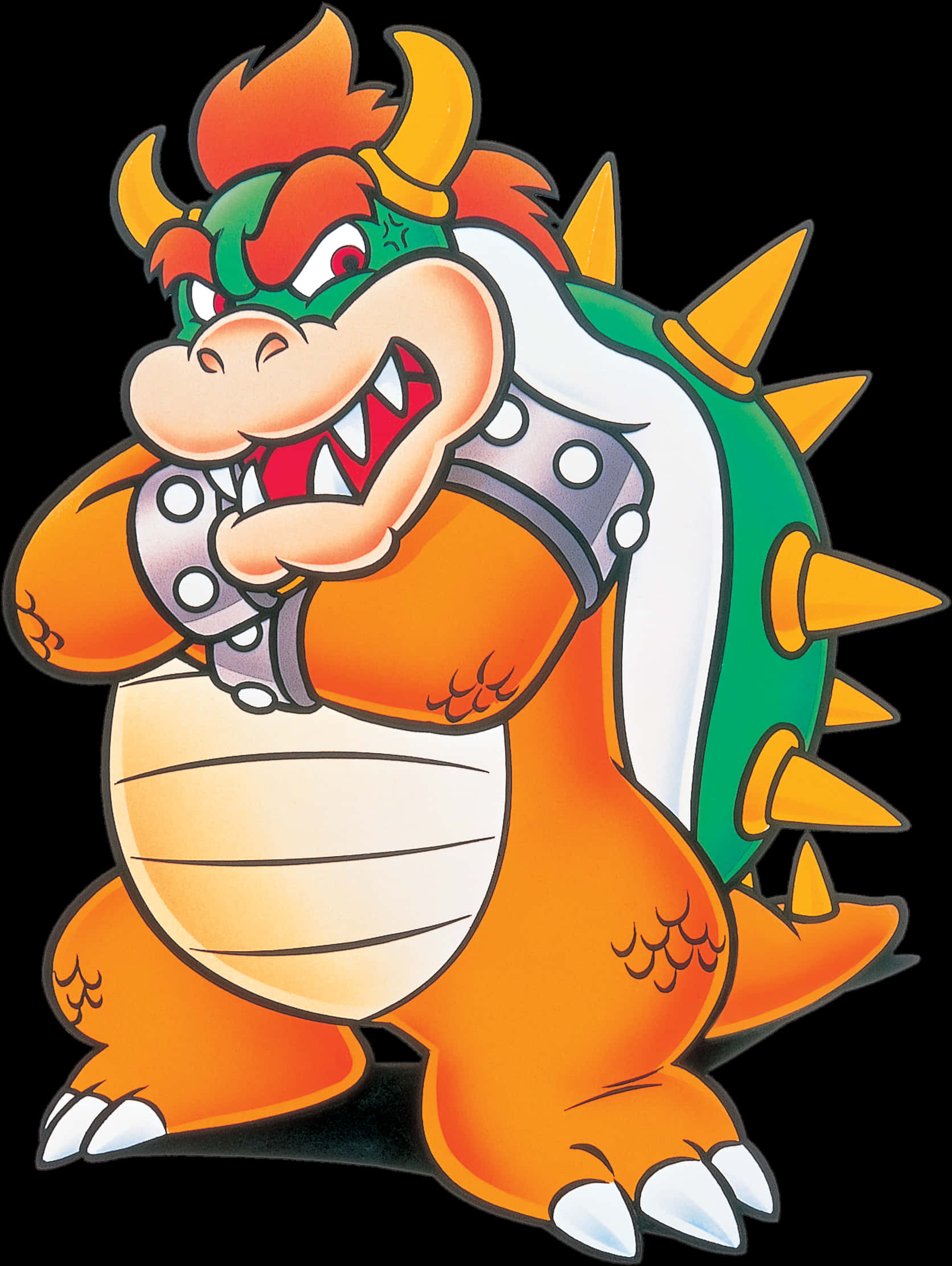 bowser 桌布 壁紙 — 一隻卡通風格的橙色恐龍王，擁有綠色甲殼和尖刺盔甲，露出牙齒露出威脅的笑容。