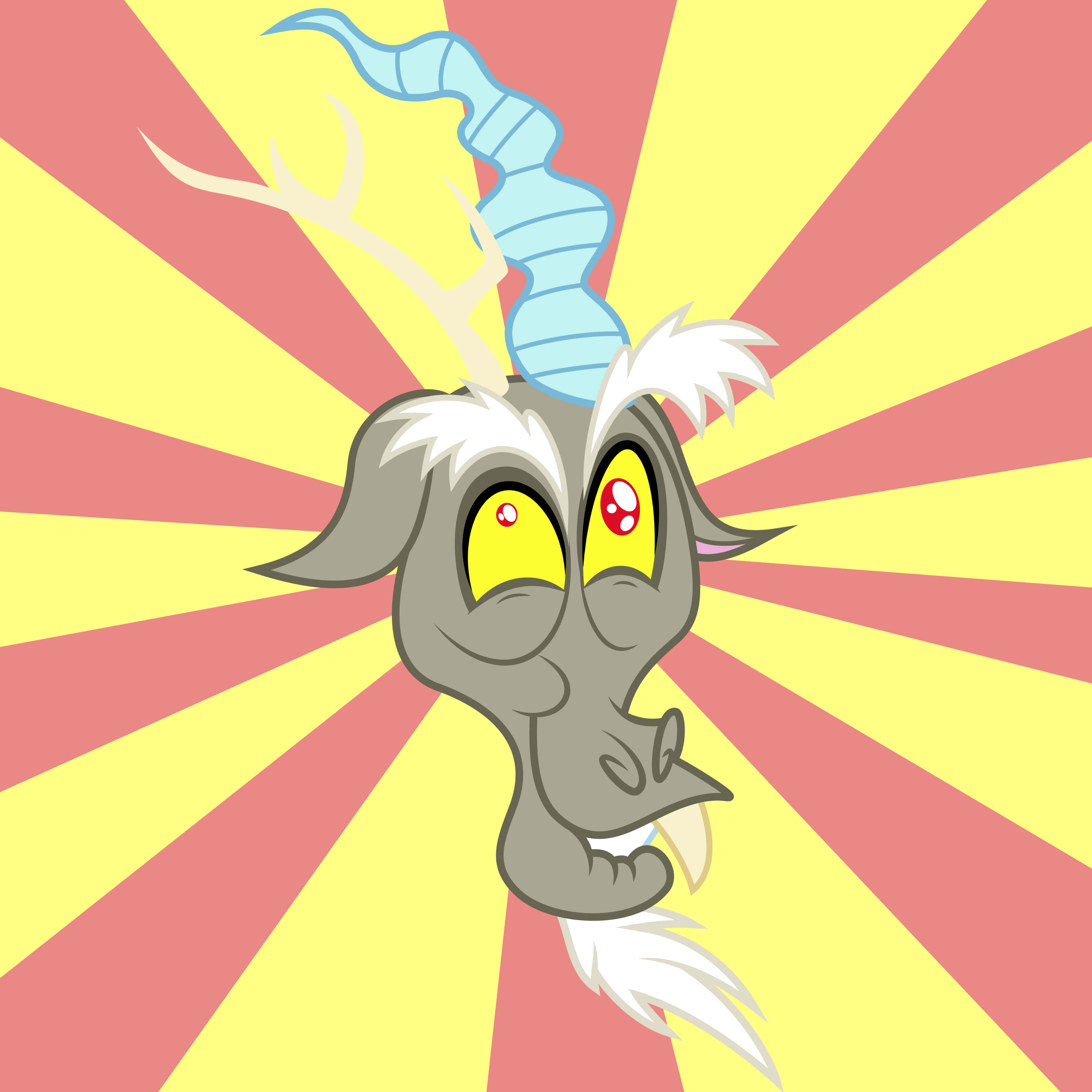 Discord 桌布 壁紙 — 一隻卡通風格的灰色山羊，擁有發光的黃色眼睛和藍色螺旋角，背景是充滿活力的黃色和粉紅色放射狀背景。