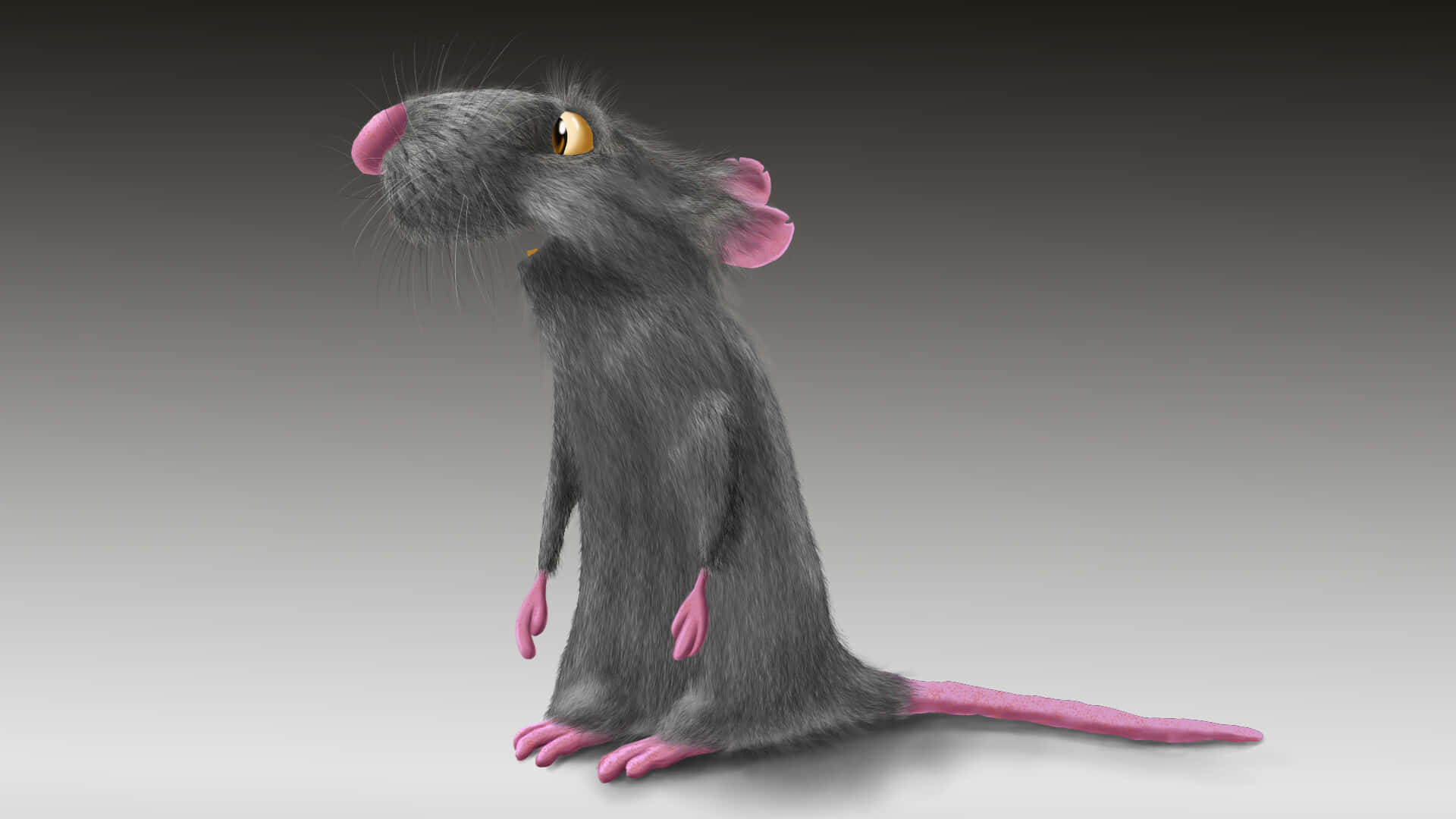 Rat 桌布 壁紙 — 一隻卡通風格的灰色老鼠，有粉紅色的耳朵、鼻子、爪子和尾巴，直立於漸變灰色背景前。