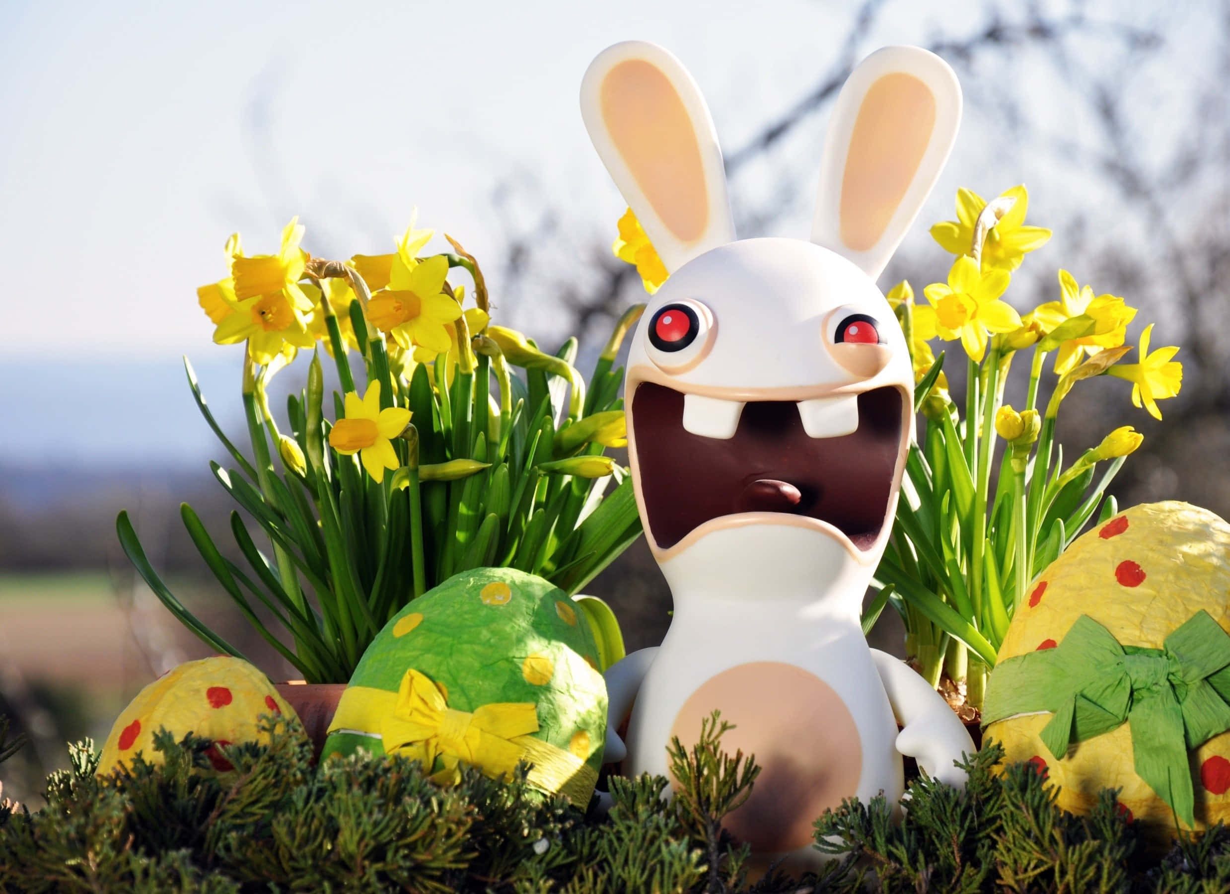 Easter Bunny 桌布 壁紙 — 一隻卡通風格的白兔，紅眼睛和尖牙，站在黃色水仙花和裝飾復活蛋之間的草地上。