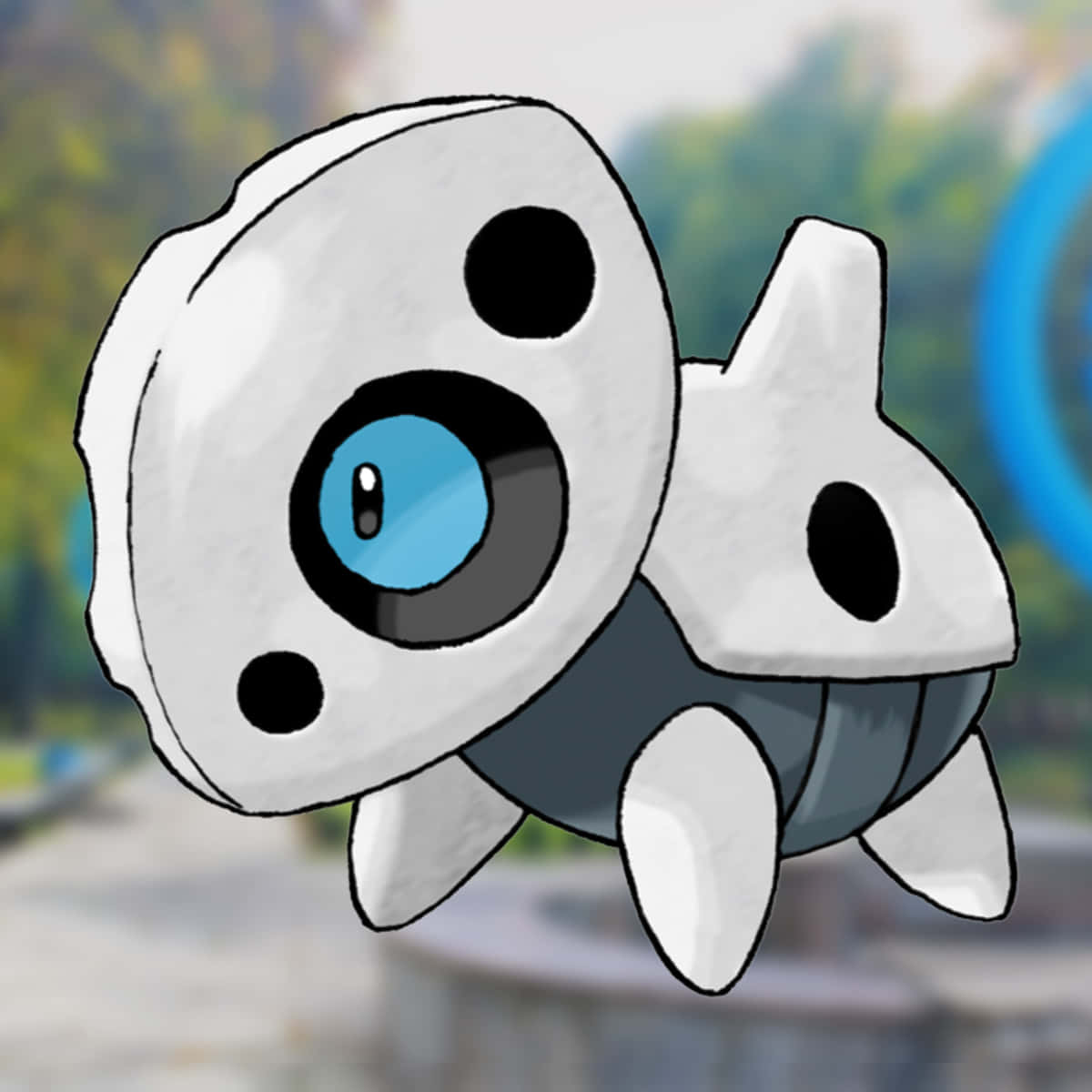 寶可夢 桌布 壁紙 — 一隻卡通風格的白色Pokémon，有一隻大藍色眼睛和黑色斑點，在模糊的戶外背景中漂浮。