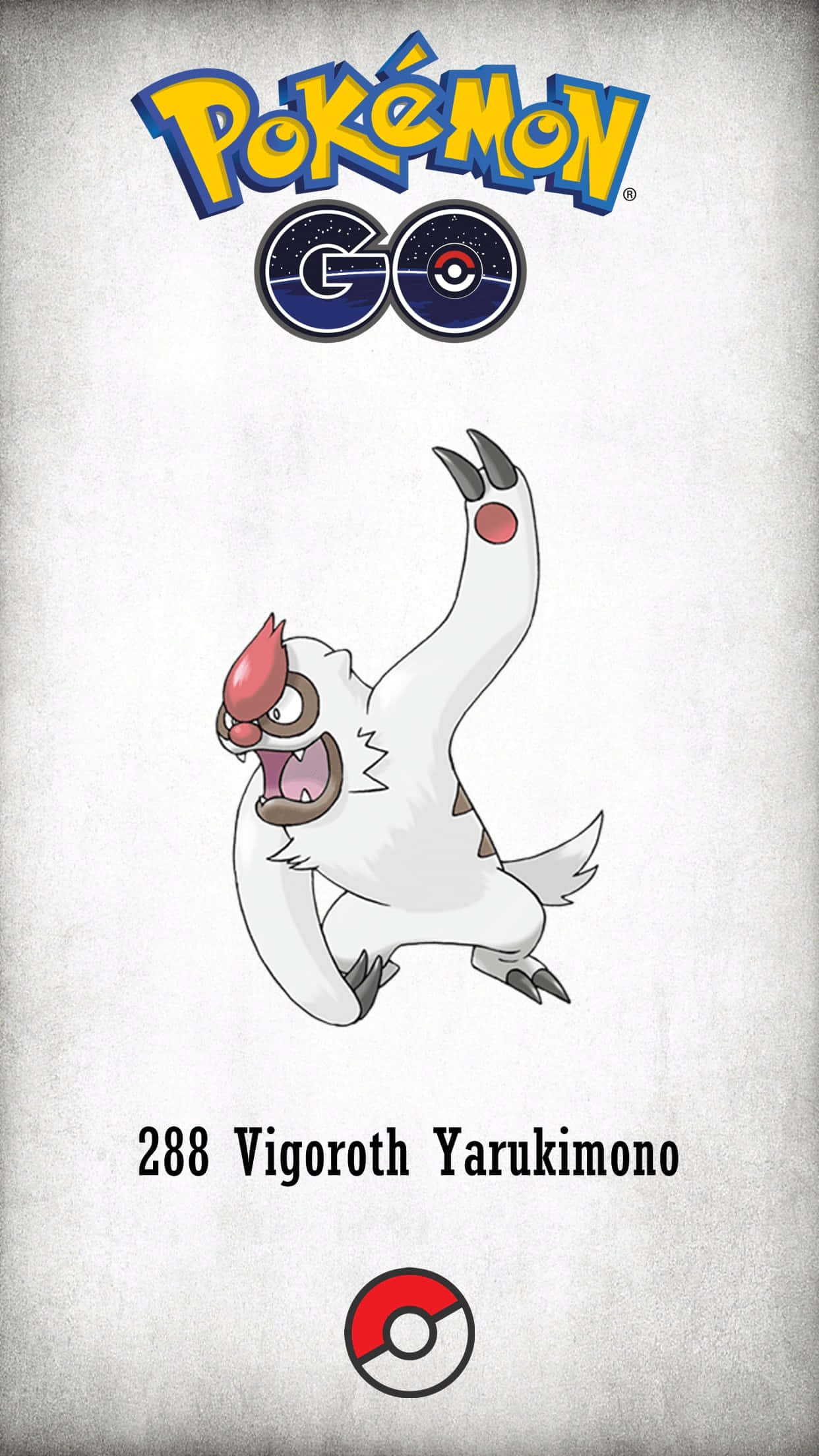 Pokémon 手機 桌布 壁紙 — 一隻卡通風格的白色寶可夢叫Vigoroth，在有紋理的灰色背景上充滿活力地跳躍，帶有Pokémon GO品牌標誌。