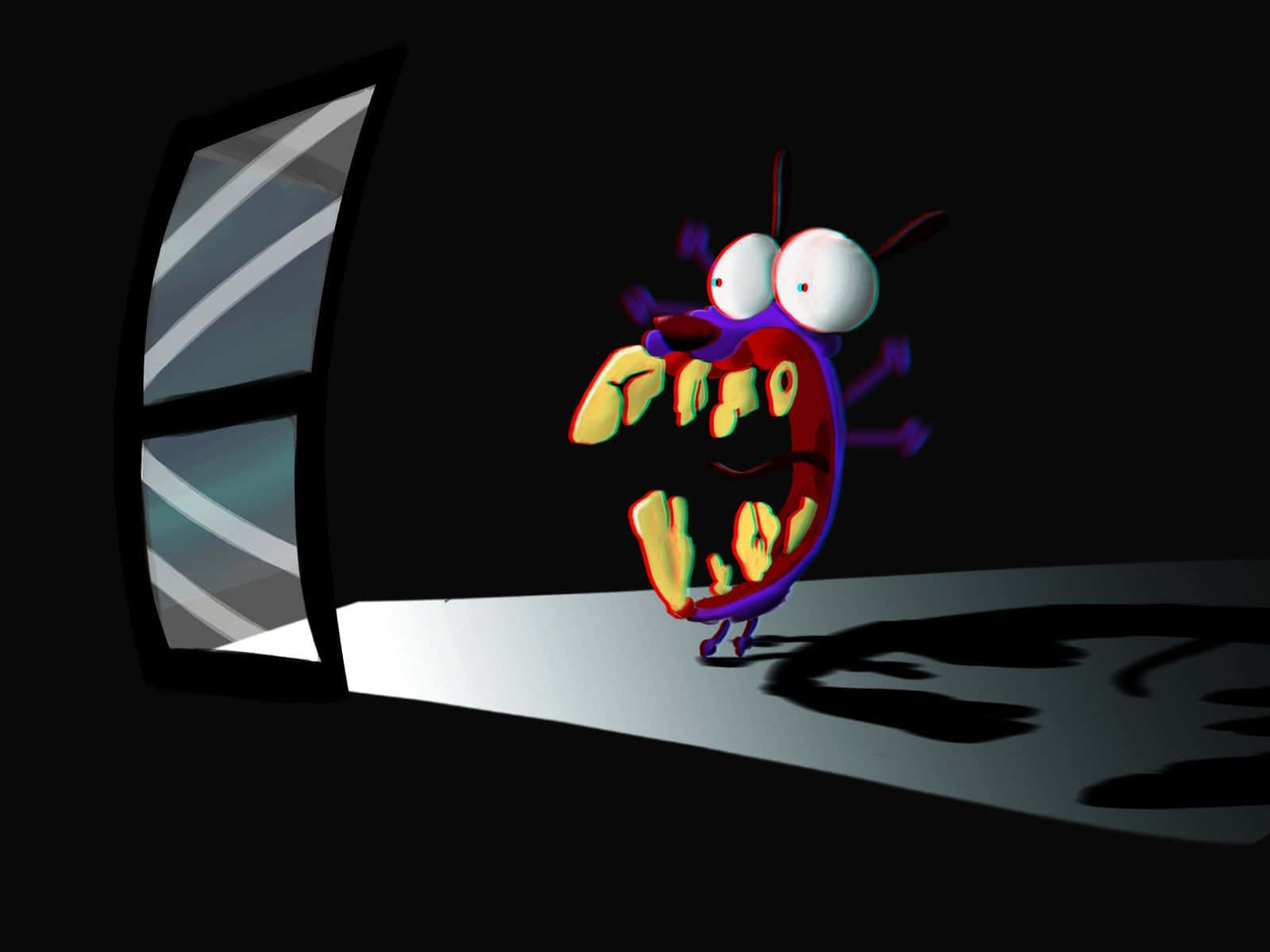 courage the cowardly dog 桌布 壁紙 — 一隻卡通風格的紅色生物，有大眼睛和尖牙，站在黑暗房間窗邊的聚光燈下。