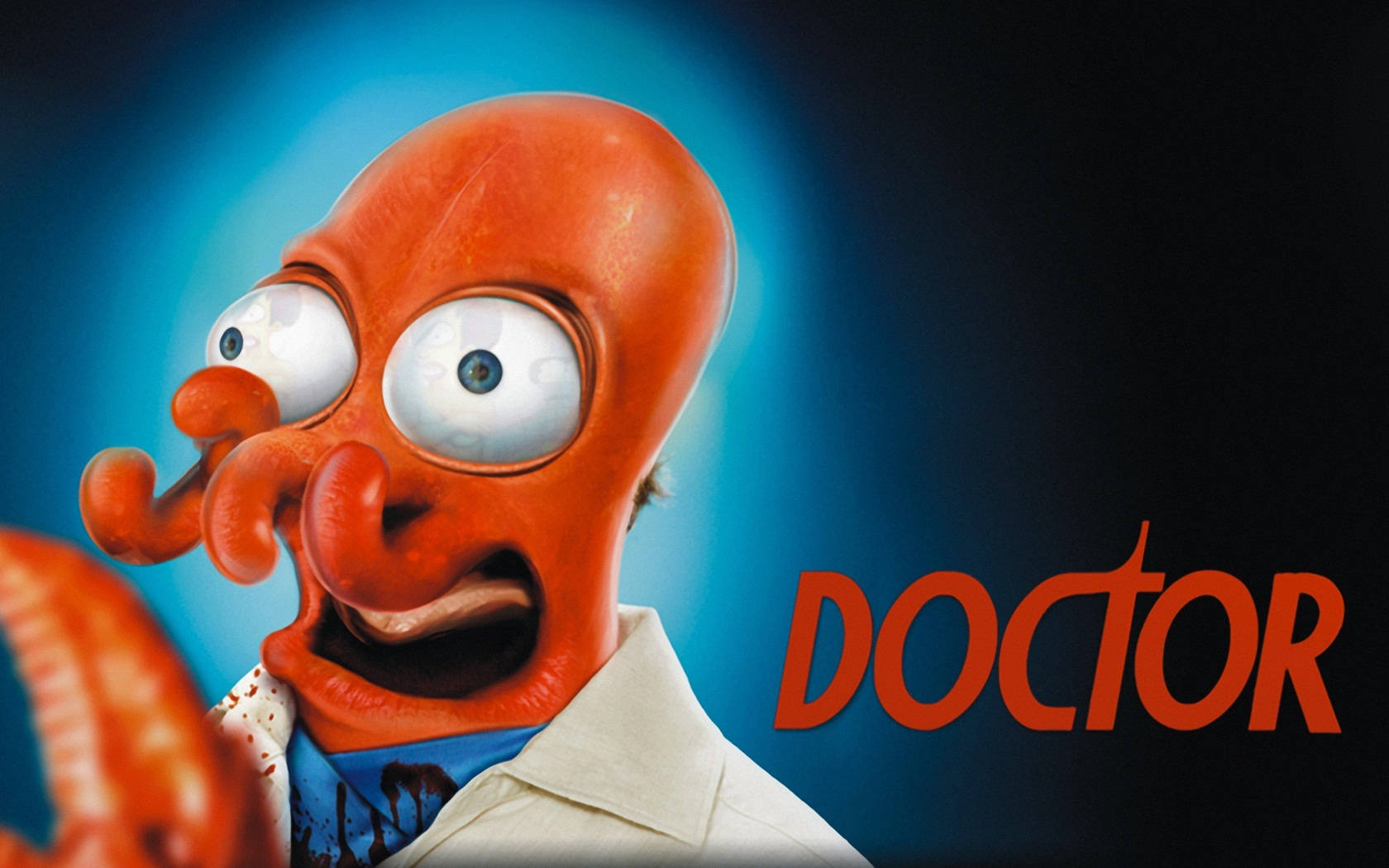 Zoidberg 桌布 壁紙 — 一隻卡通風格的紅色章魚，穿著白色實驗室外套，大眼睛和觸手，背景是藍色漸變，紅色字樣寫著DOCTOR。