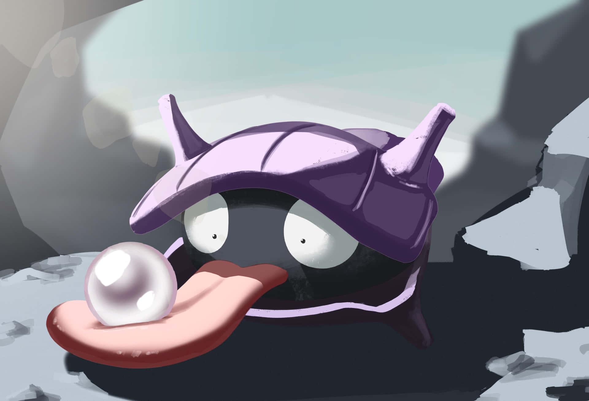 Tongue 桌布 壁紙 — 一隻卡通風格的紫色寶可夢，有大眼睛和長舌頭，在岩石洞穴中拿著一顆珍珠。
