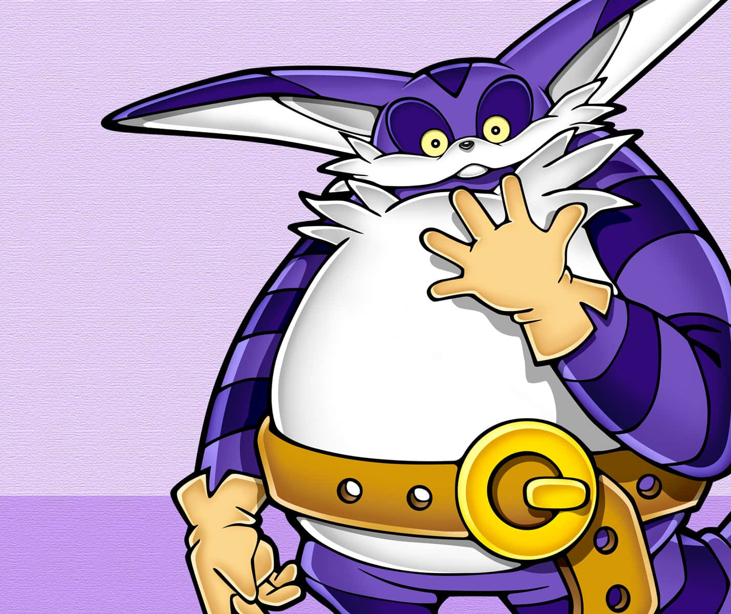 Big The Cat 桌布 壁紙 — 一隻卡通風格的紫色狐狸，白色胸部和黃色眼睛，在薰衣草背景上愉快地揮手。