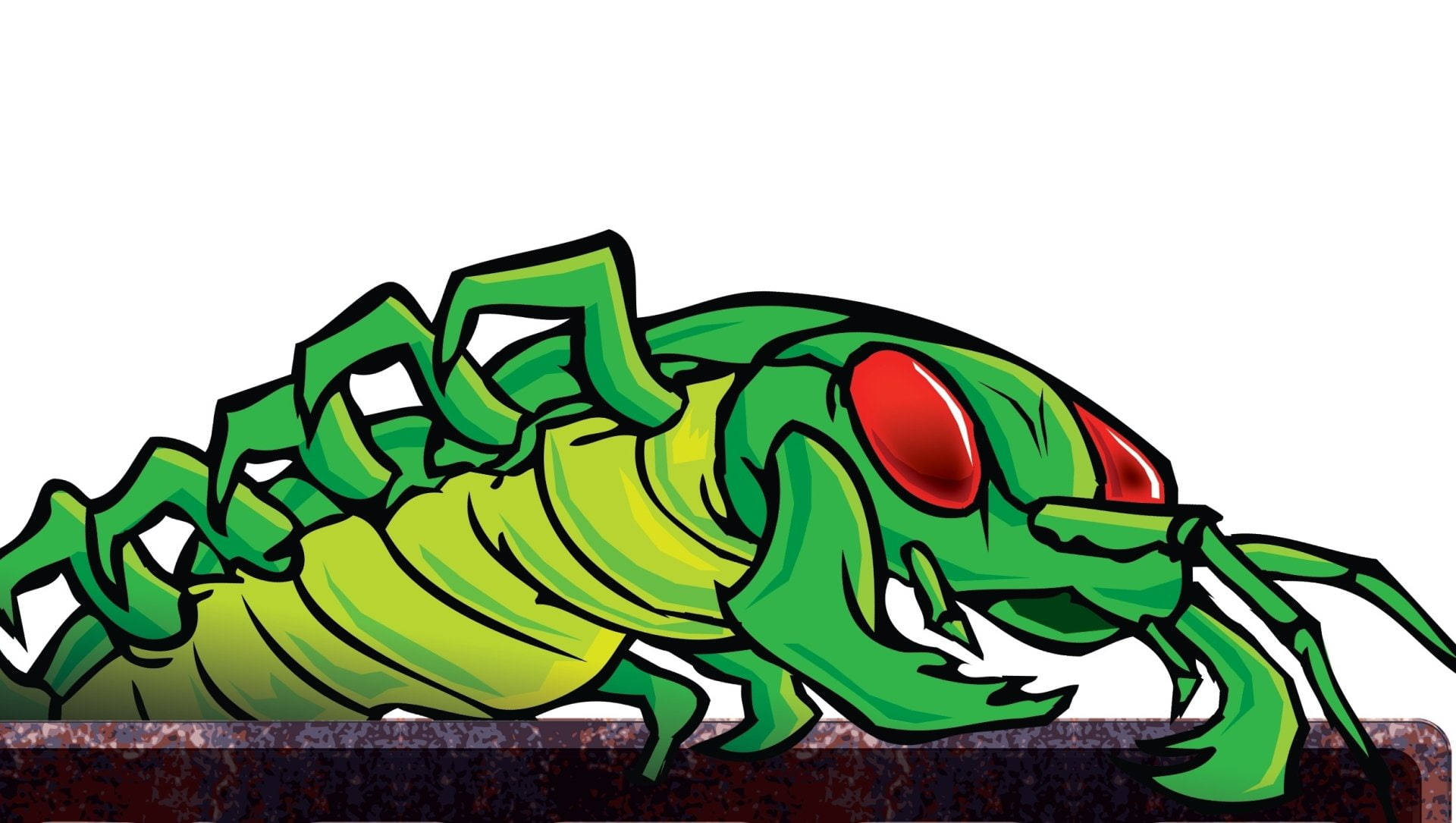 graphic art 桌布 壁紙 — 一隻卡通風格的綠色蜈蚣，有著發光的紅色眼睛，在鏽蝕的表面上爬行，背景是純白色。