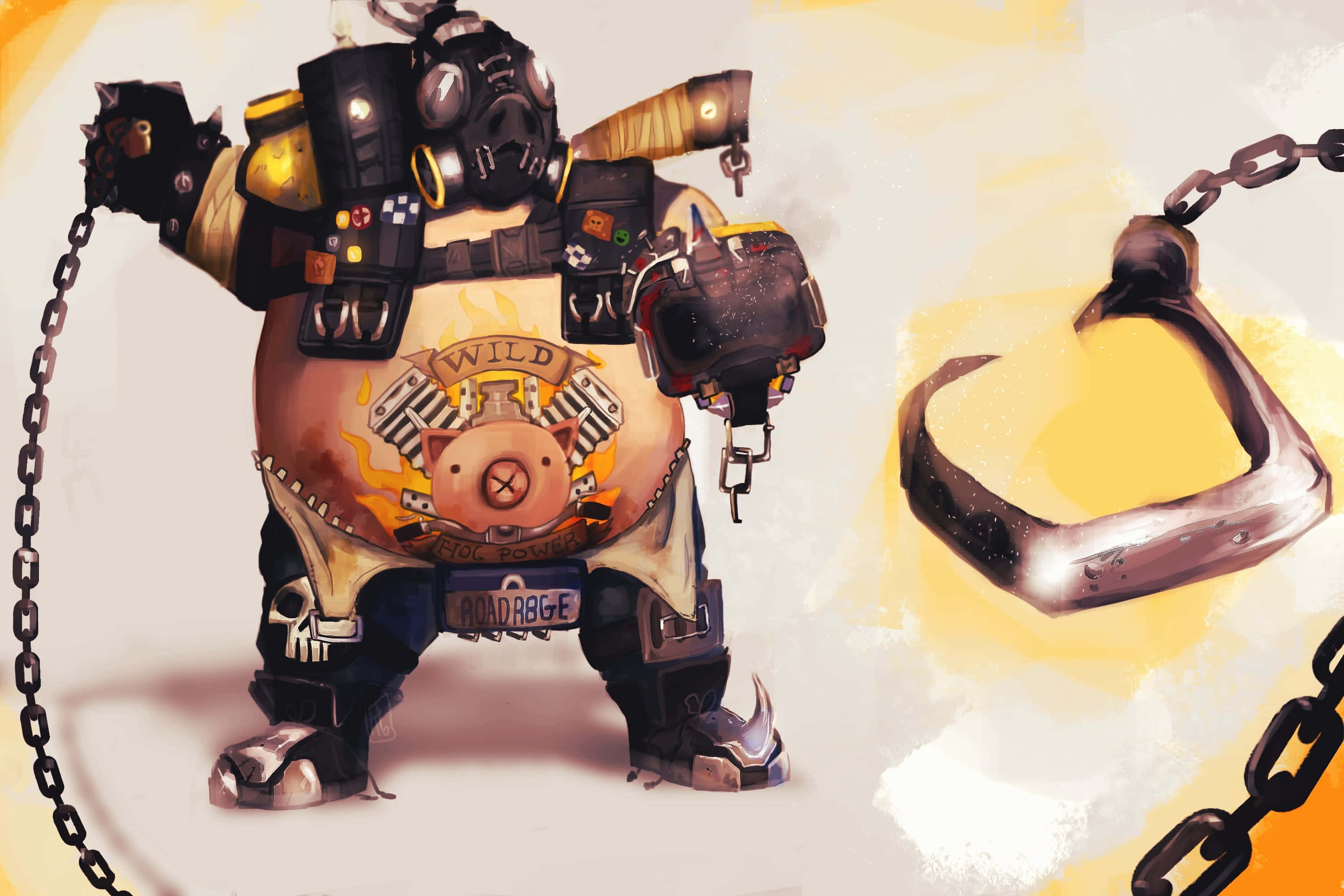 Overwatch Roadhog 桌布 壁紙 — 一隻卡通風格的裝甲豬戴著防毒面具和鎖鏈，站在一個大金屬腳鐐旁邊，背景是溫暖的黃色。