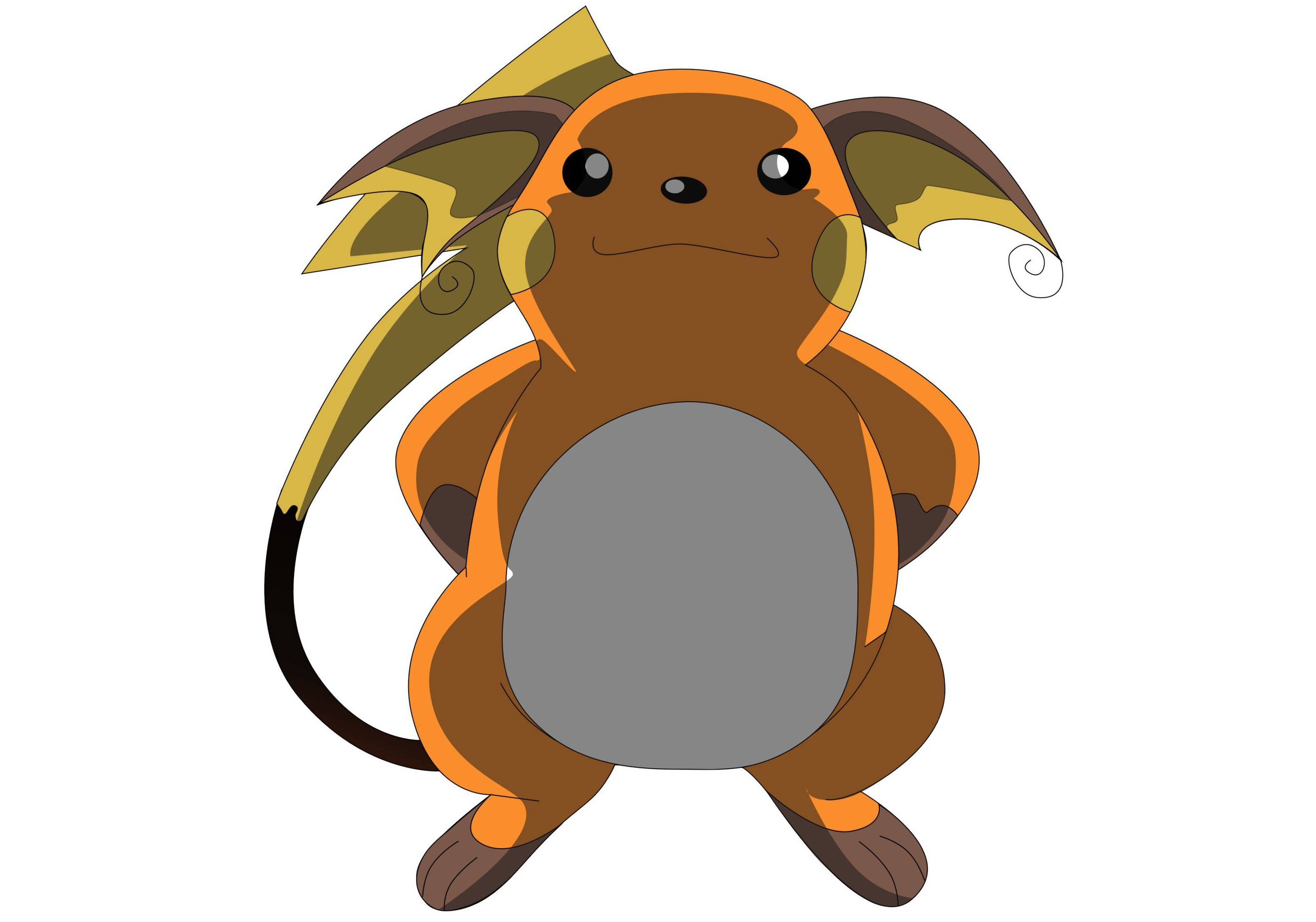 Raichu 桌布 壁紙 — 一隻卡通風格的雷丘直立，有大耳朵和長尾巴，背景是純白色。