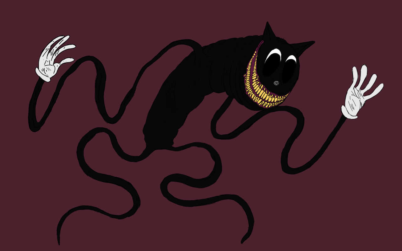 Cartoon Cat Scary 桌布 壁紙 — 一隻卡通風格的黑貓，張開露出黃色牙齒的寬闊笑容，戴著白色手套的手，在栗色背景上伸展。