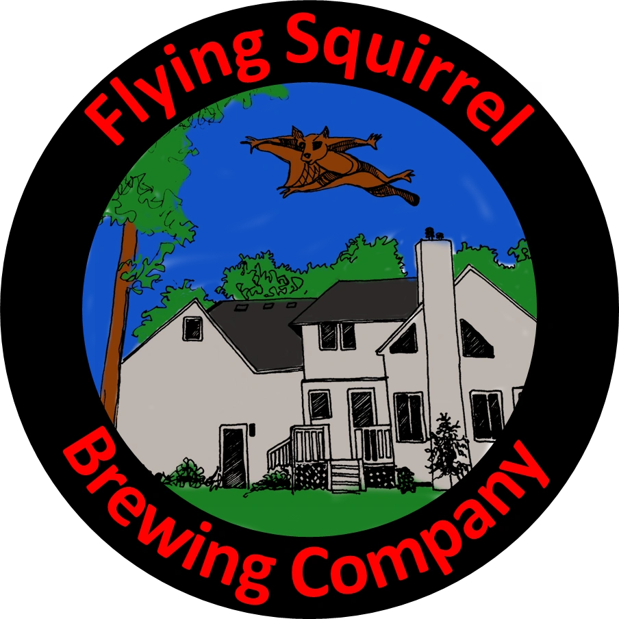 松鼠 桌布 壁紙 — 一隻卡通飛鼠在Flying Squirrel Brewing Company的圓形標誌中翱翔於房屋之上。