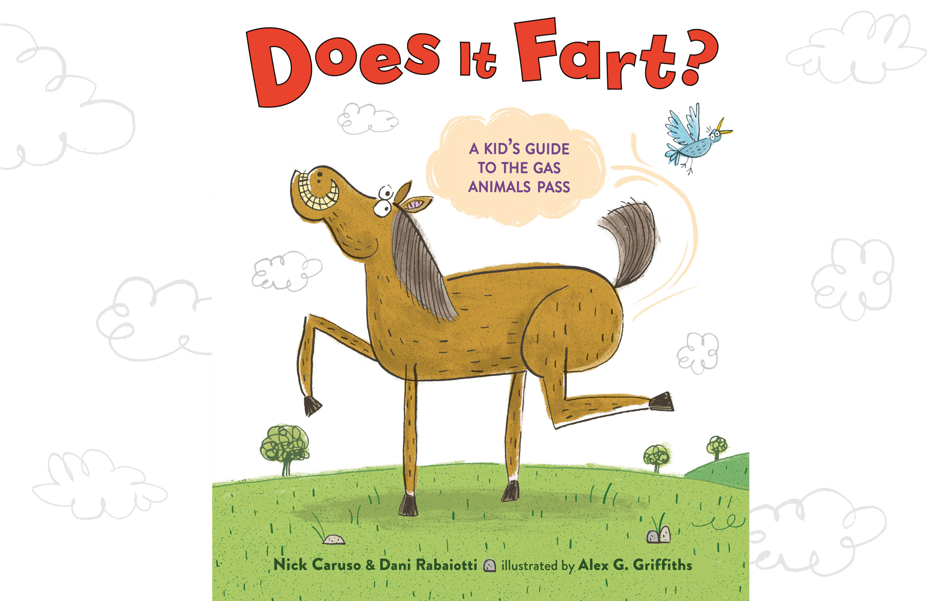 Fart 桌布 壁紙 — 一隻卡通馬在長滿草的山丘上放屁時大笑，附近有一隻鳥在飛。