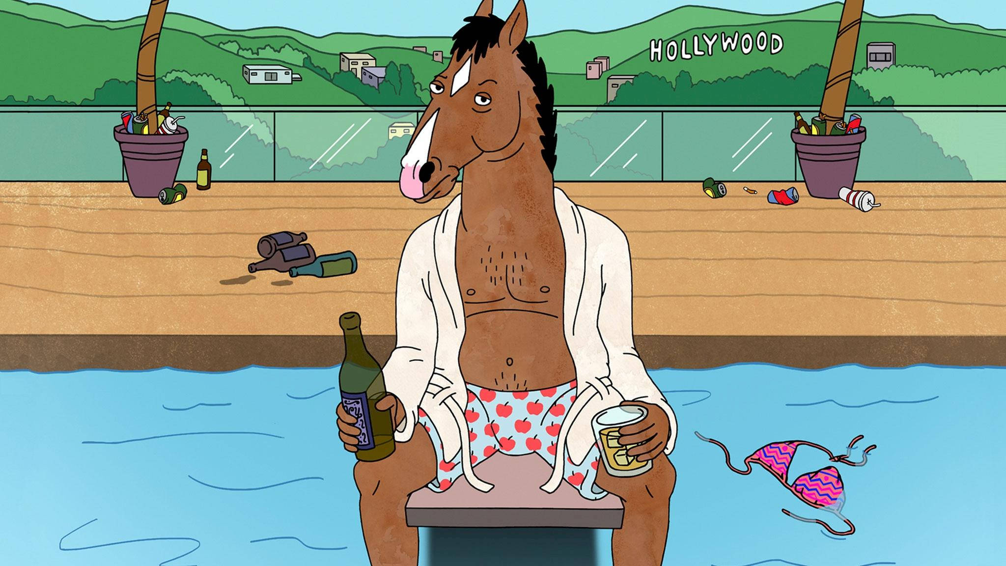 bojack 桌布 壁紙 — 一隻卡通馬穿著白色長袍和心形印花泳褲，在泳池裡放鬆，手持啤酒和雞尾酒，附近有一件被丟棄的比基尼。