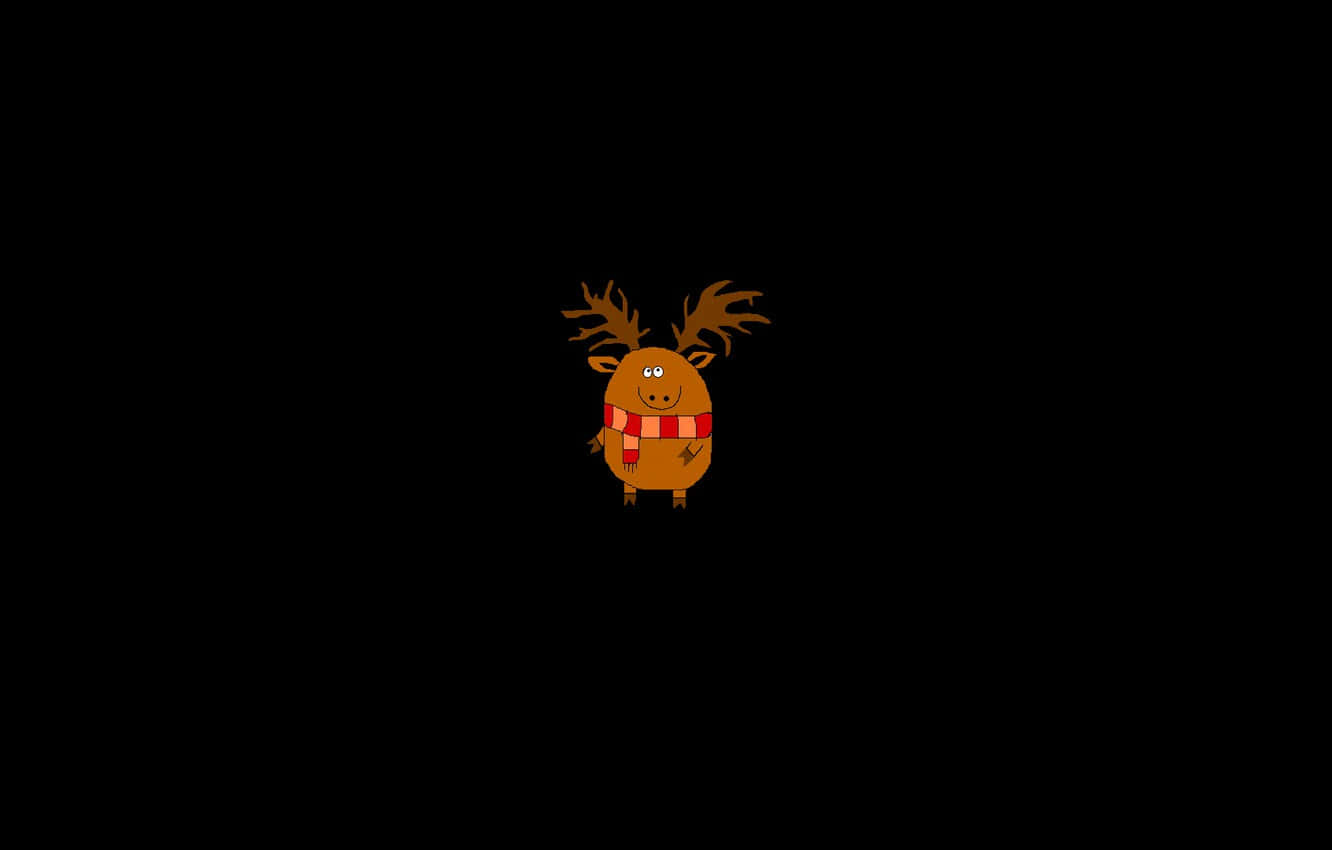 Minimalist Christmas Desktop 桌布 壁紙 — 一隻卡通馴鹿，長著棕色鹿角，戴著紅色圍巾，獨自站在純黑色背景前。