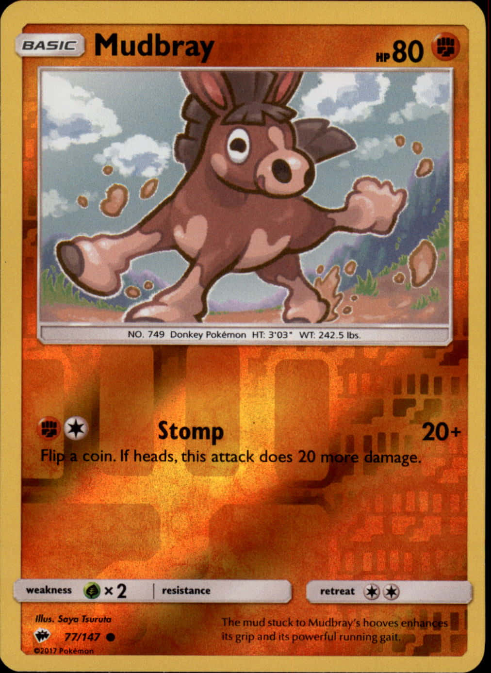 Pokemon Card 桌布 壁紙 — 一隻卡通驢子寶可夢在泥濘地形中跳躍，蹄子周圍泥土飛揚，天空多雲。