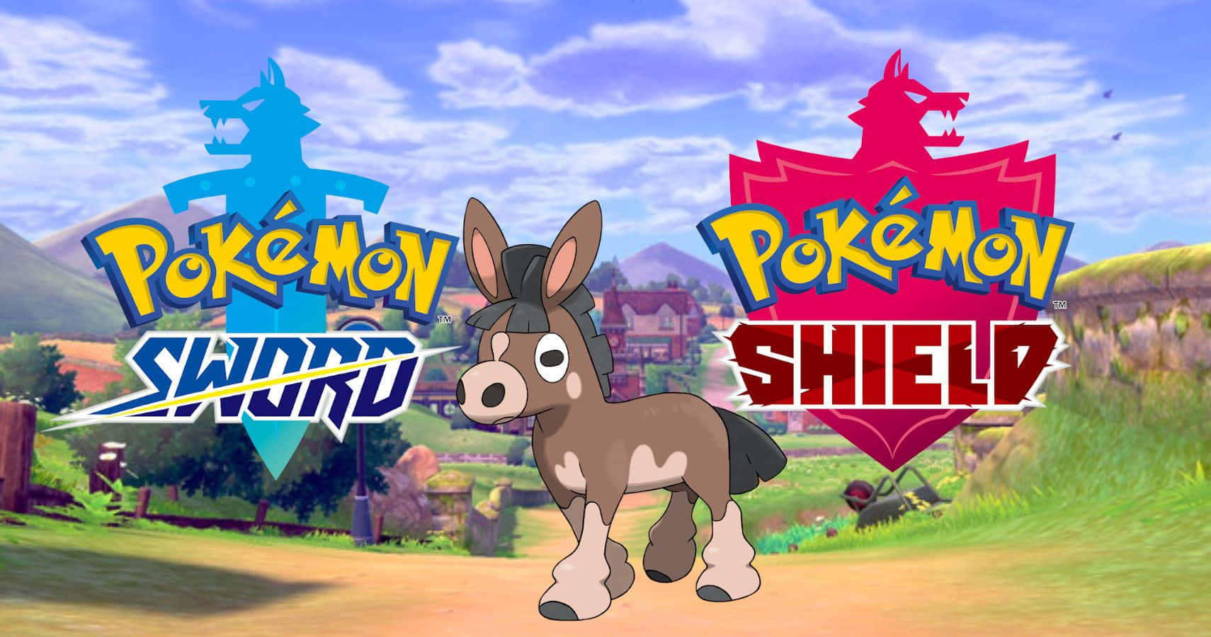 Mudbray 桌布 壁紙 — 一隻卡通驢子站在充滿活力的草地上，背景是寶可夢 劍／盾的標誌，在藍天下。