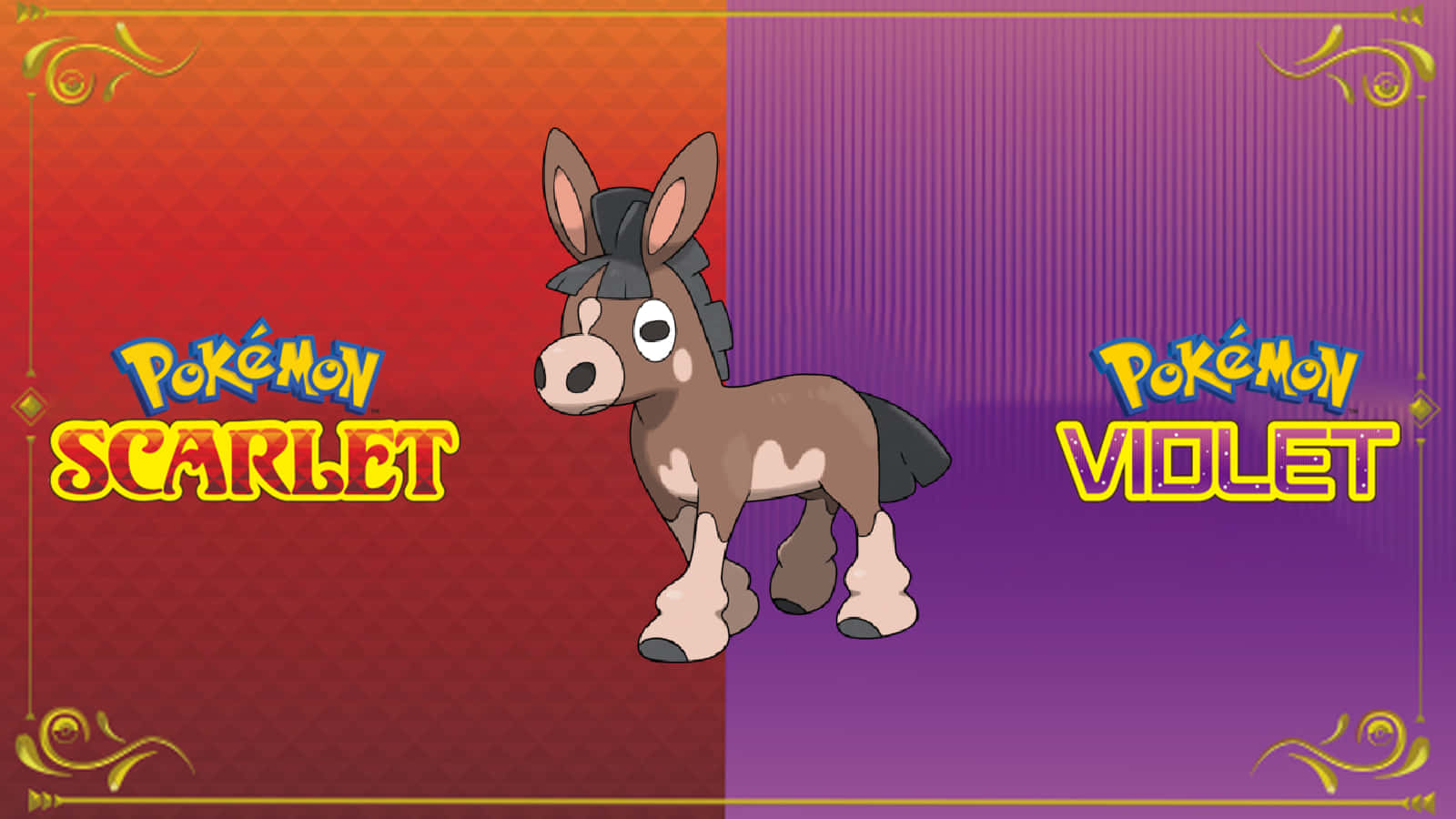 Pokemon Aesthetic 桌布 壁紙 — 一隻卡通驢寶可夢站在標有「Scarlet」和「Violet」的紅色和紫色兩半之間的中心位置。